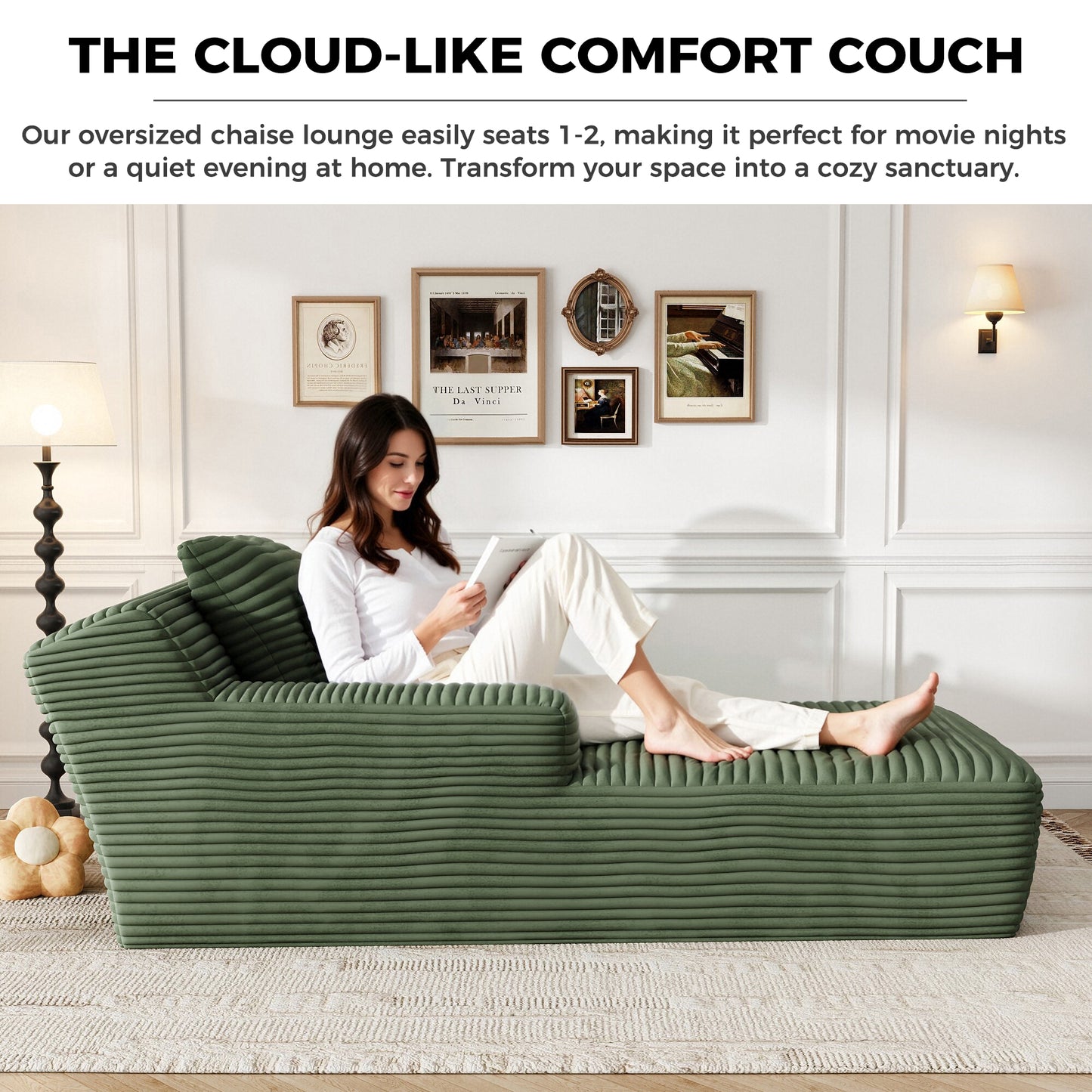67'' Oversized Chaise Lounge Chair, Cloud Plush Corduroy Sofa Bed for Living Room, Modern Deep Seat Sleeper Couch with Back Cushion, No Assembly Required, (Sage Green)