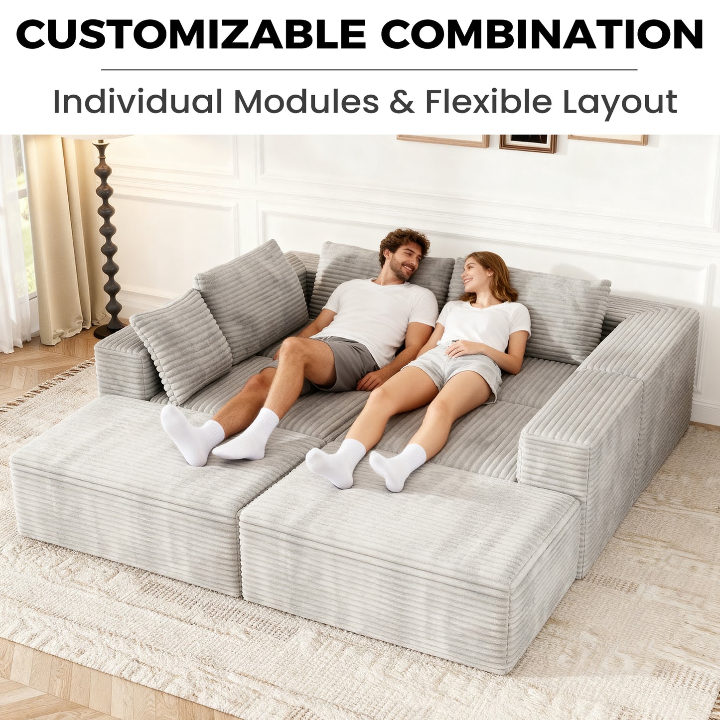 137 inch U-Shaped Sectional Sofa, Cloud-Like Big Modular Couch with Chaise, No Assembly Required, High Density Foam Never Sags, Soft Corduroy Fabric Sofa for Large Space, (White)