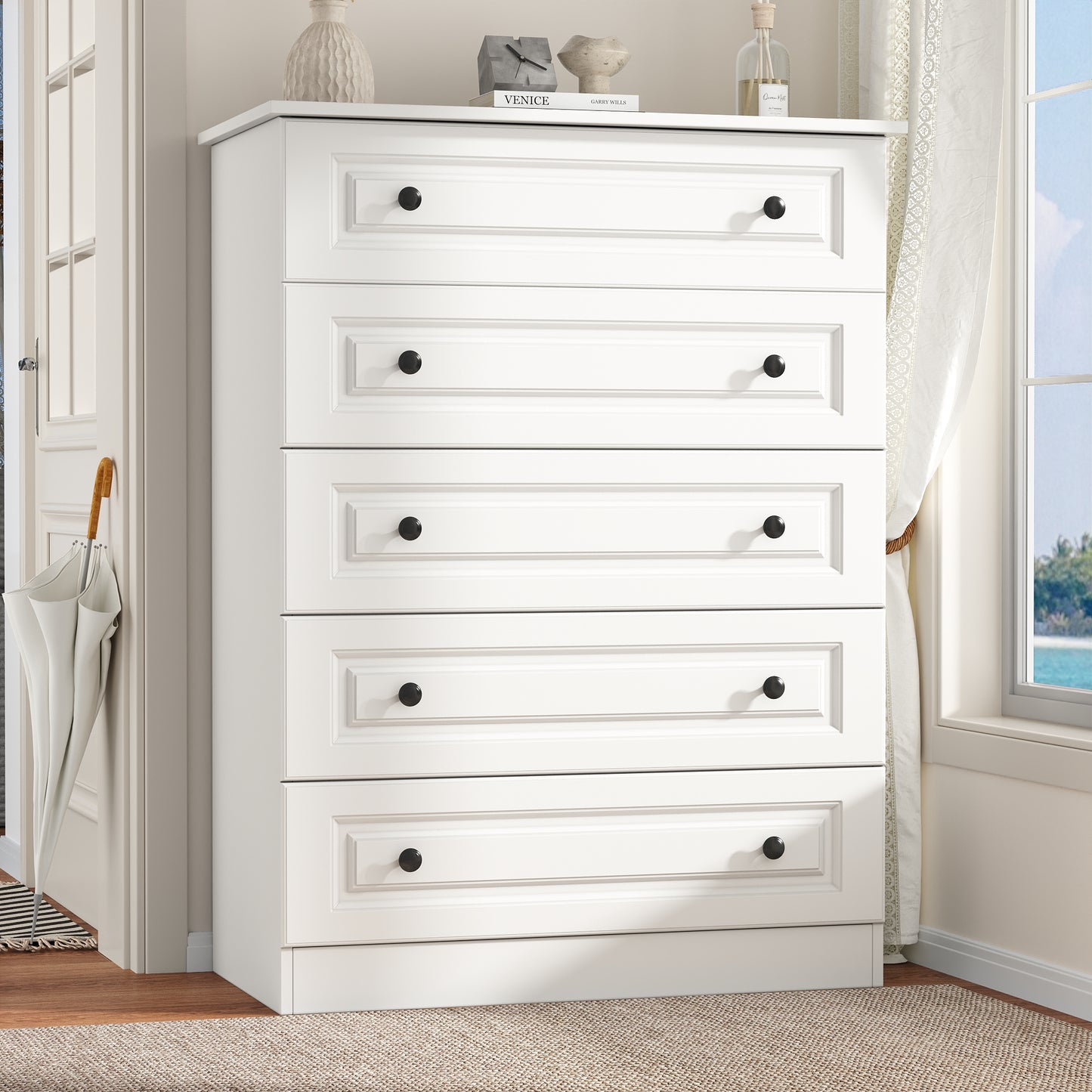 NEGYLIM 5 Drawer Dresser Tall, Modern White Chest of Drawers with Anti-Tip, Large Storage for Bedroom, Hallway, Entryway, (White)