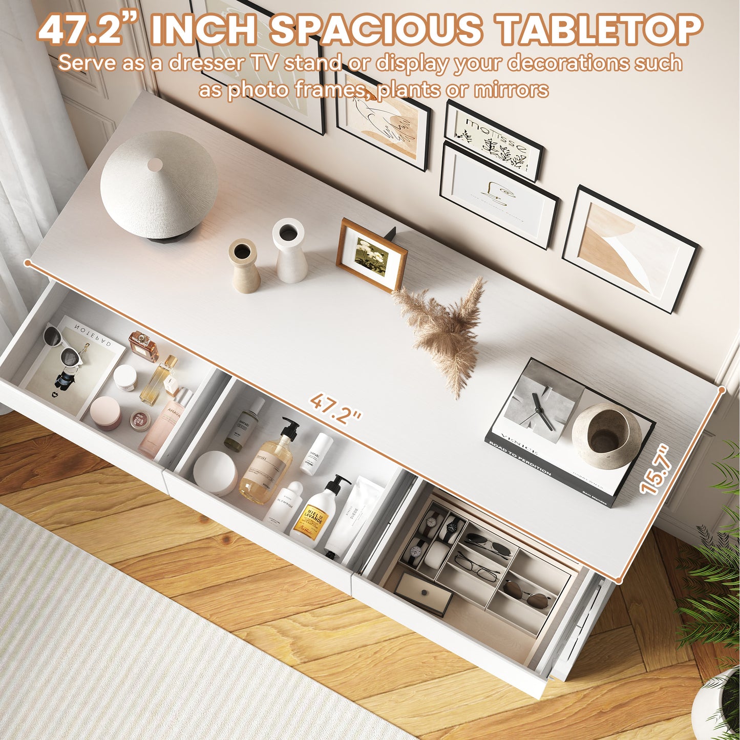 9 Drawers Dresser for Bedroom, Wood Chest of Drawers, Wide Closet Storage Dressers Organizer for Hallway, TV Stand for Living Room, White