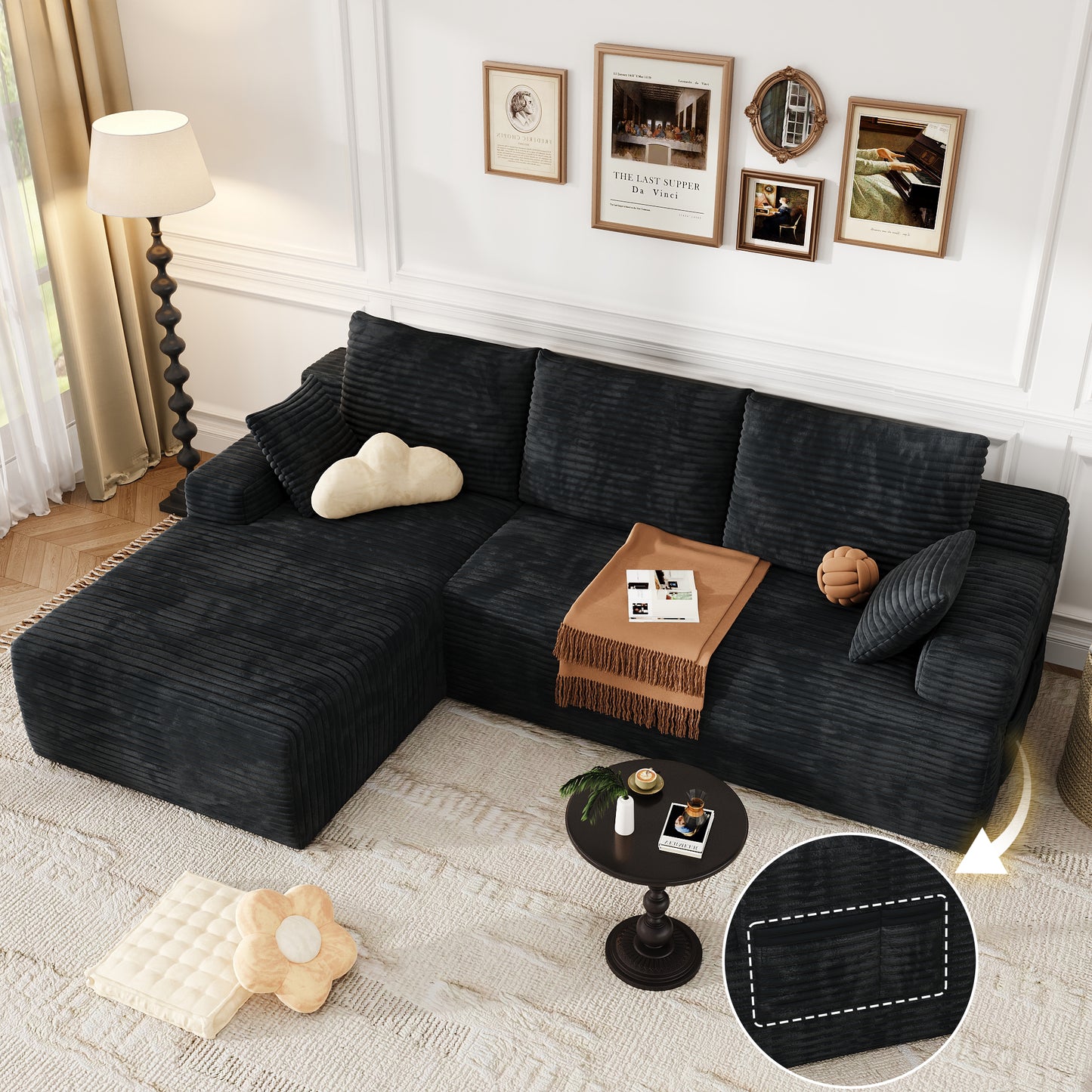104" Modular L-Shaped Sectional Sofa with Chaise - No Assembly Required Boneless Corduroy Couch, High Resilience Foam, Deep Black