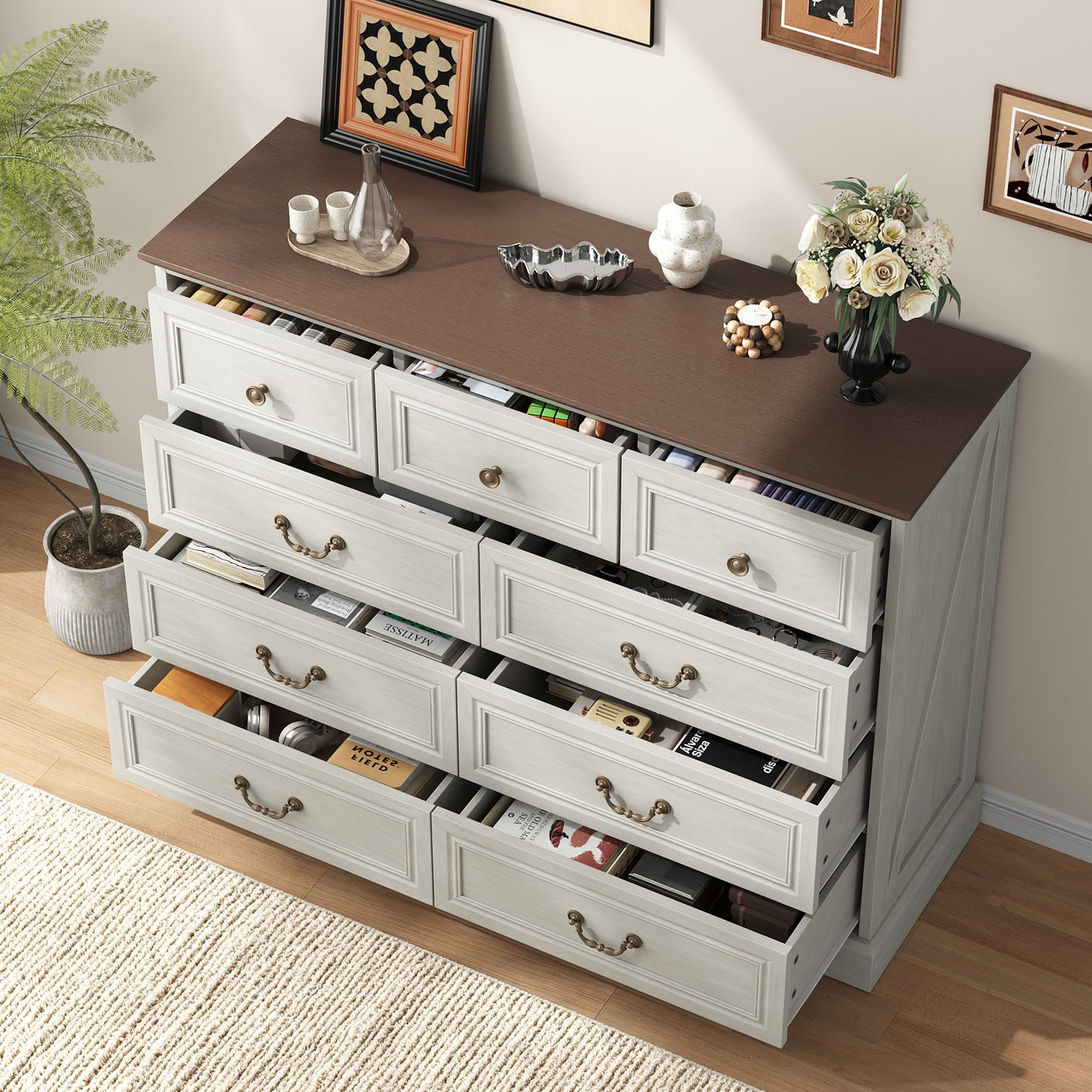 NEGYLIM 9 Drawers Dresser for Bedroom Dressers & Chest of Drawers with Vintage Handles,Long White Dresser for Living Room,Hallway,Study(Rustic White)