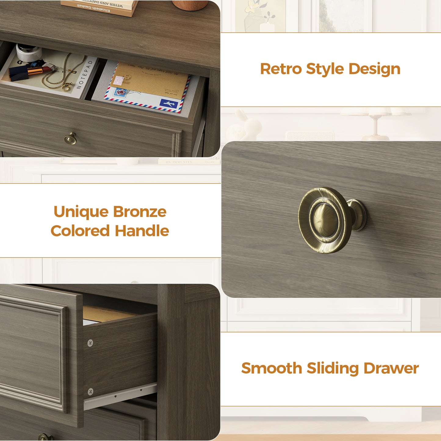 6 Drawer Chest of Drawers, Modern Storage Cabinet Dresser Organizer Unit with Antique Bronze Round Handles for Living Room, Closet, Hallway, Entryway