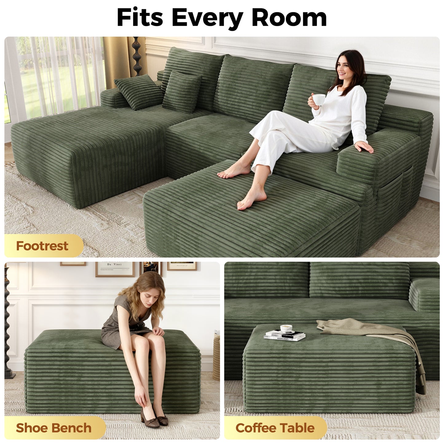 Oversized Sofa Ottoman Footrest, Matching Cushion for L-Shaped Sofa to Create U-Shaped Sectional , Large Seat Stool, High Resilience Foam & Corduroy Fabric, for Living Room Bedroom, (Sage Green)