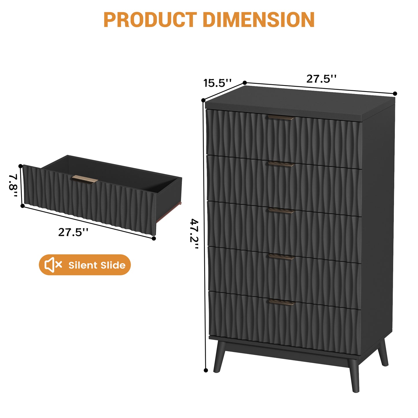 NEGYLIM 5 Drawer Dresser for Bedroom, 47"H Fluted Dresser Modern Chest of Drawers with Metal Handle, Anti-collapse for Living Room, Hallway