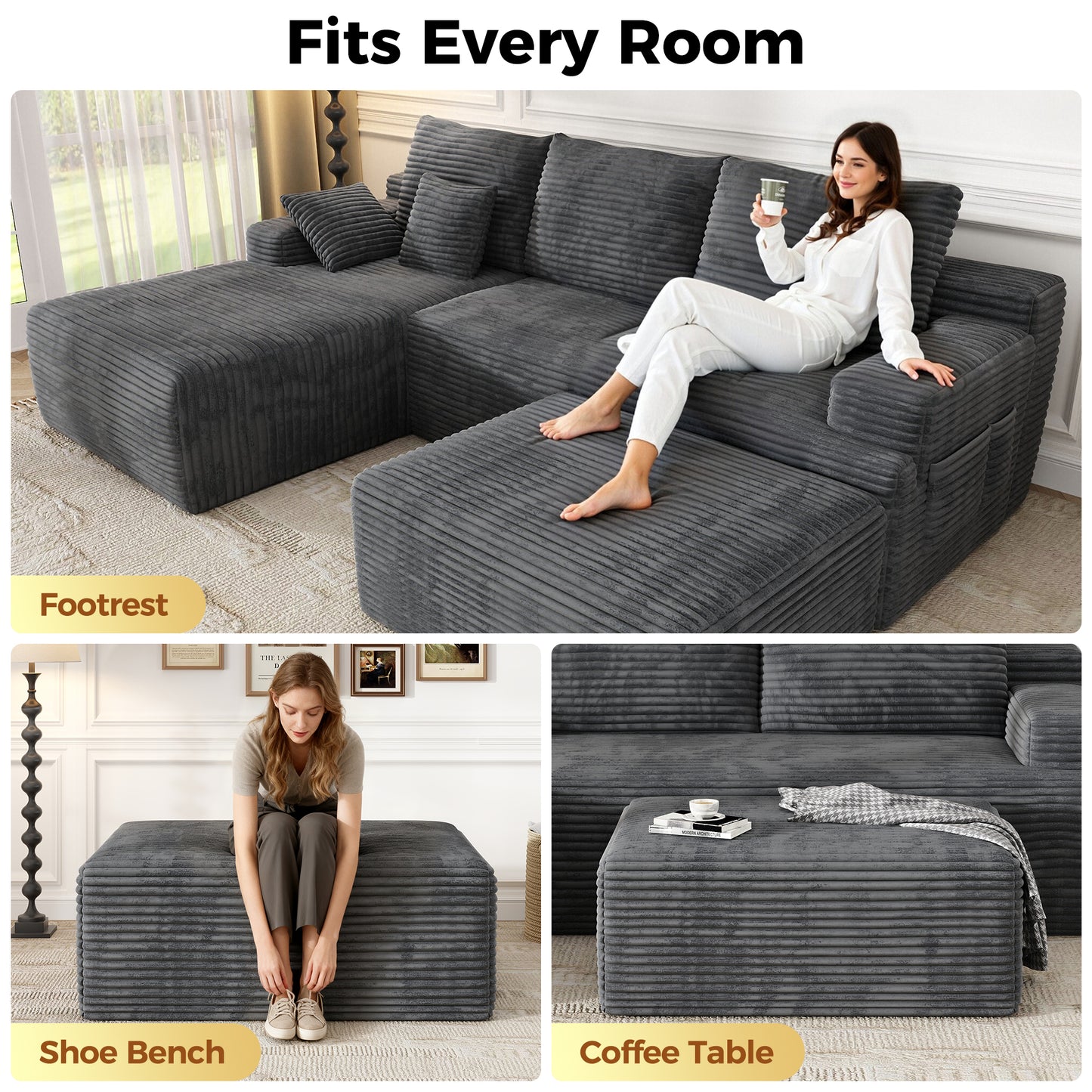 Oversized Sofa Ottoman Footrest, Matching Cushion for L-Shaped Sofa to Create U-Shaped Sectional , Large Seat Stool, High Resilience Foam & Corduroy Fabric, for Living Room Bedroom, (Charcoal)
