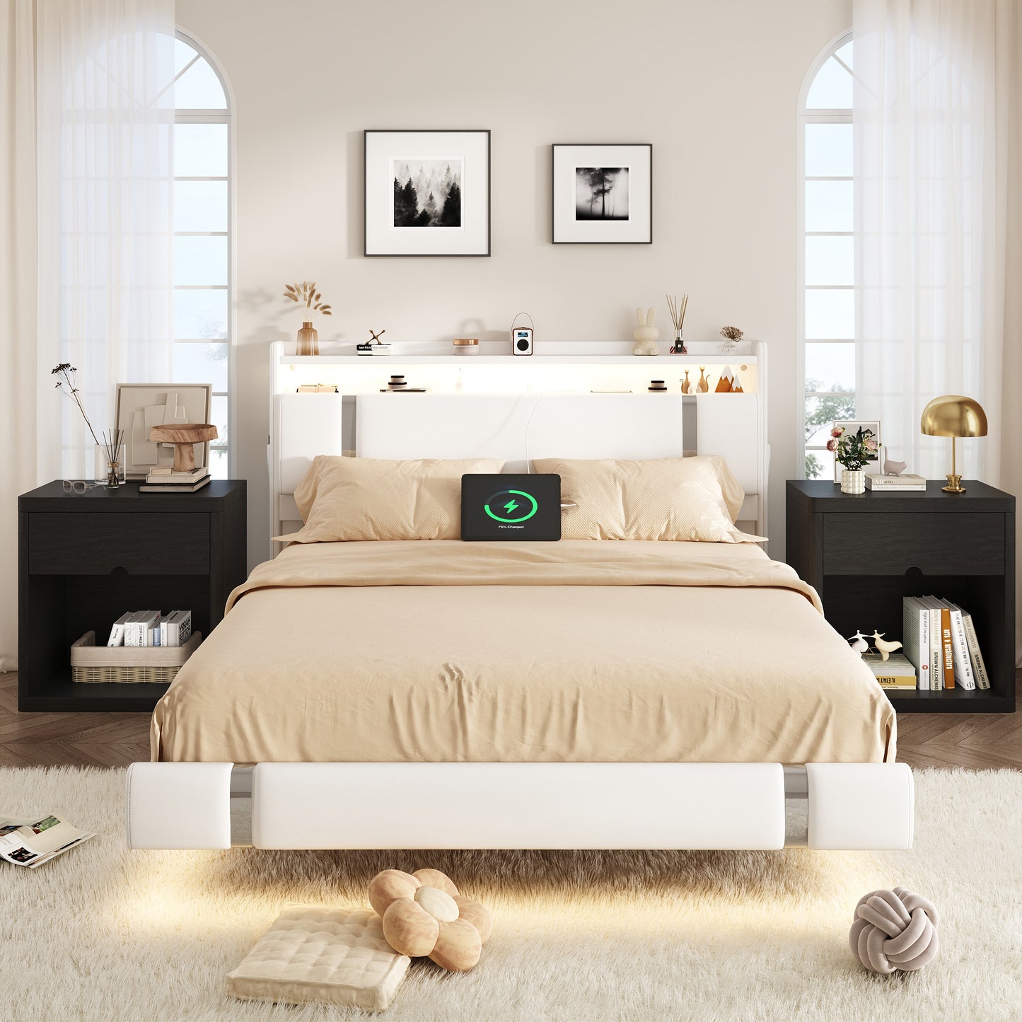 NEGYLIM 24" Wood Nightstand with USB Charging Station, Bedside Table with Safe Rounded Corners & Crescent Handles – Sturdy End Table for Bedroom, Living Room, Nursery (Black, 1-Piece)