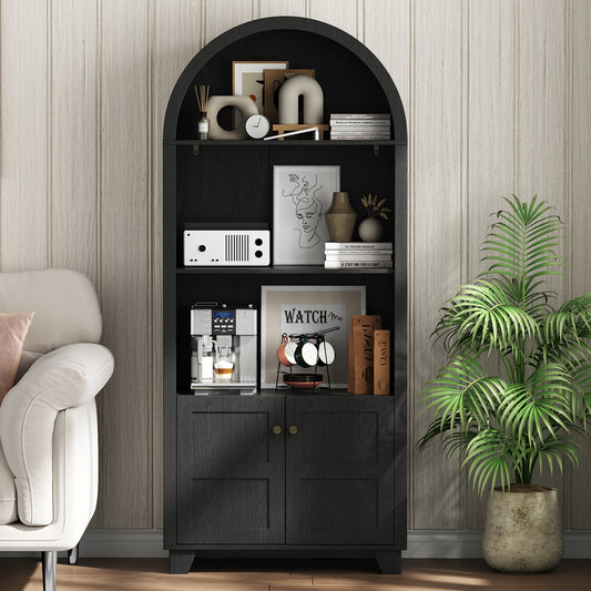 70'' Tall Arched Cabinet, Arched Kitchen Pantry Cabinet with 2 Doors and 5shelves, Open Storage Cabinets Display Bookcase, Versatile Cupboard for Living Room(Black)