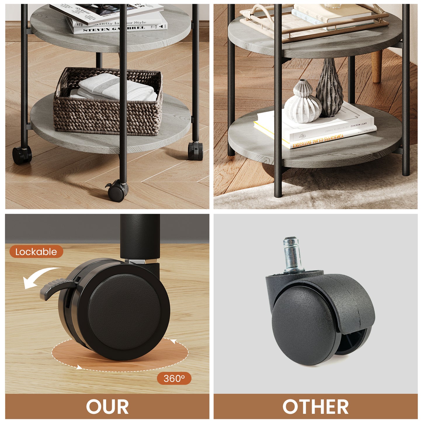 NEGYLIM End Side Table，Round Sofa Table with Metal Frame, 3-Tier Coffee Table Nightstand for Bedroom, Living Room, Nursery