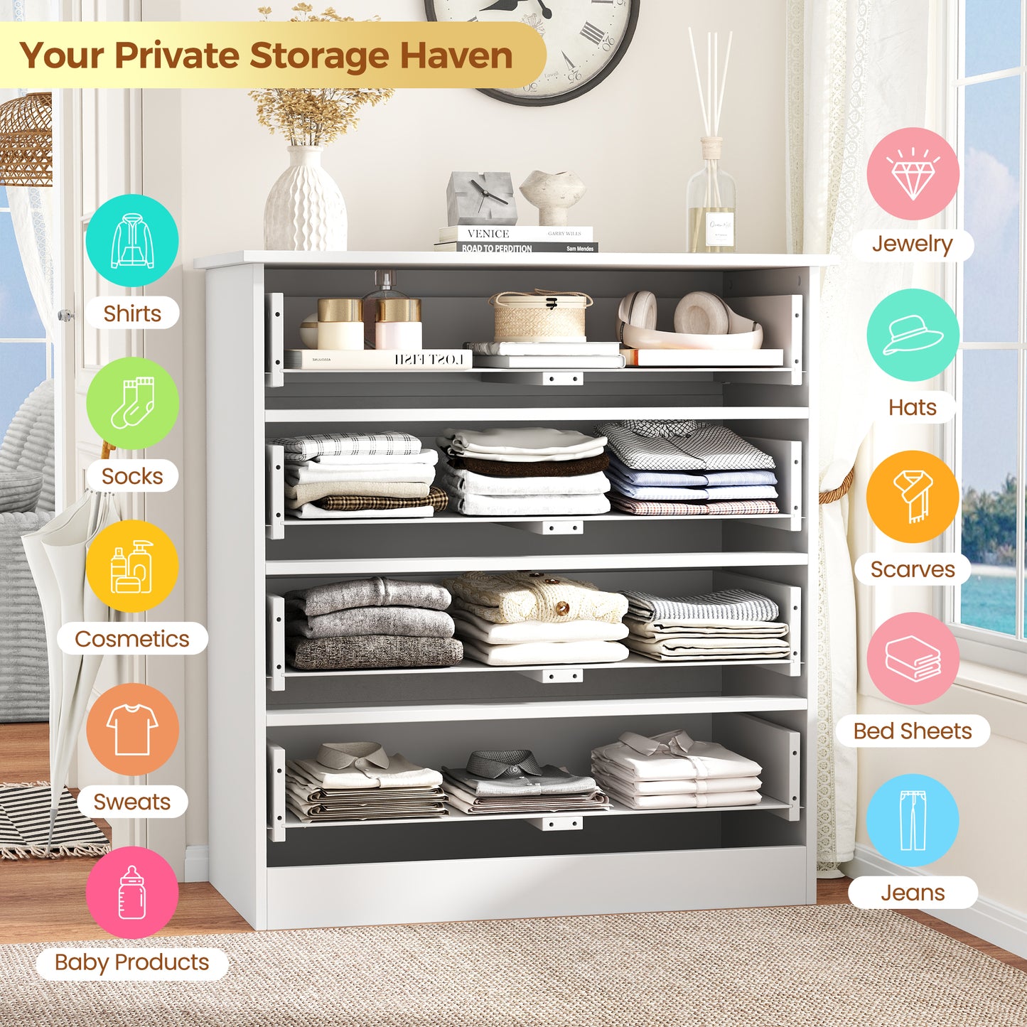 4-Drawer Dresser, 34.6” Tall White Dresser for Bedroom Storage, Hallway Chest with Large Drawers, 29.5” Wide Space Saving Furniture