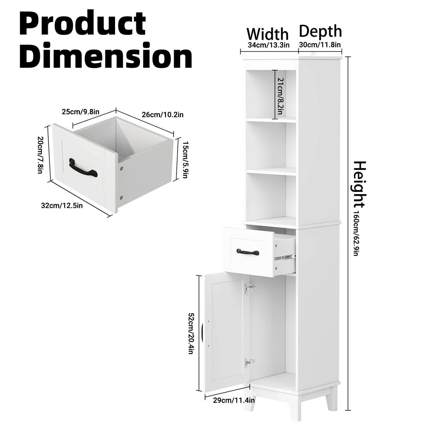 63” Tall Bathroom Storage Cabinet, Freestanding Linen Cabinet, Narrow Bathroom Storage with Barn Door and Drawer, White