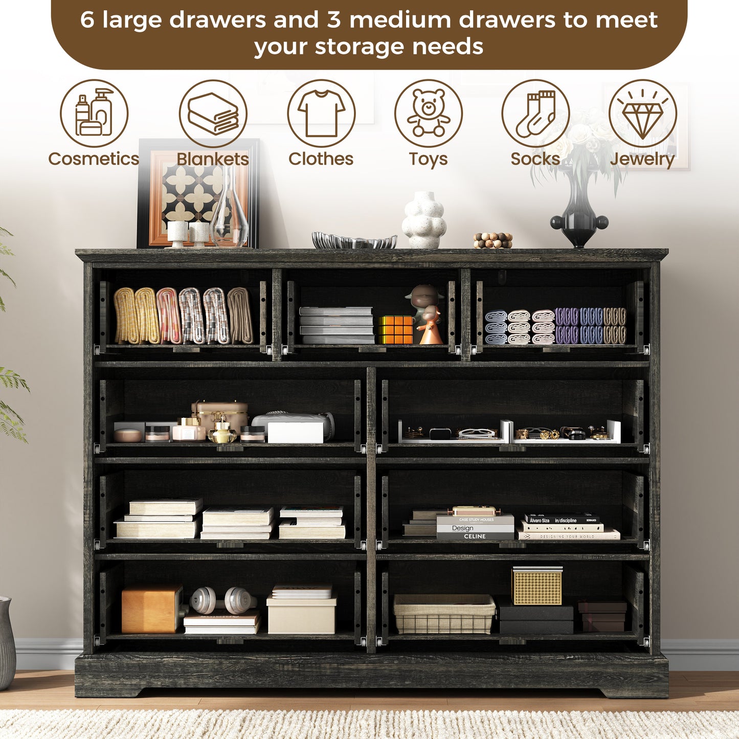 NEGYLIM 9 Drawers Dresser for Bedroom Dressers & Chest of Drawers with Vintage Handles,Long Wooden Dresser for Living Room,Hallway,Study(Dark Rustic Oak)