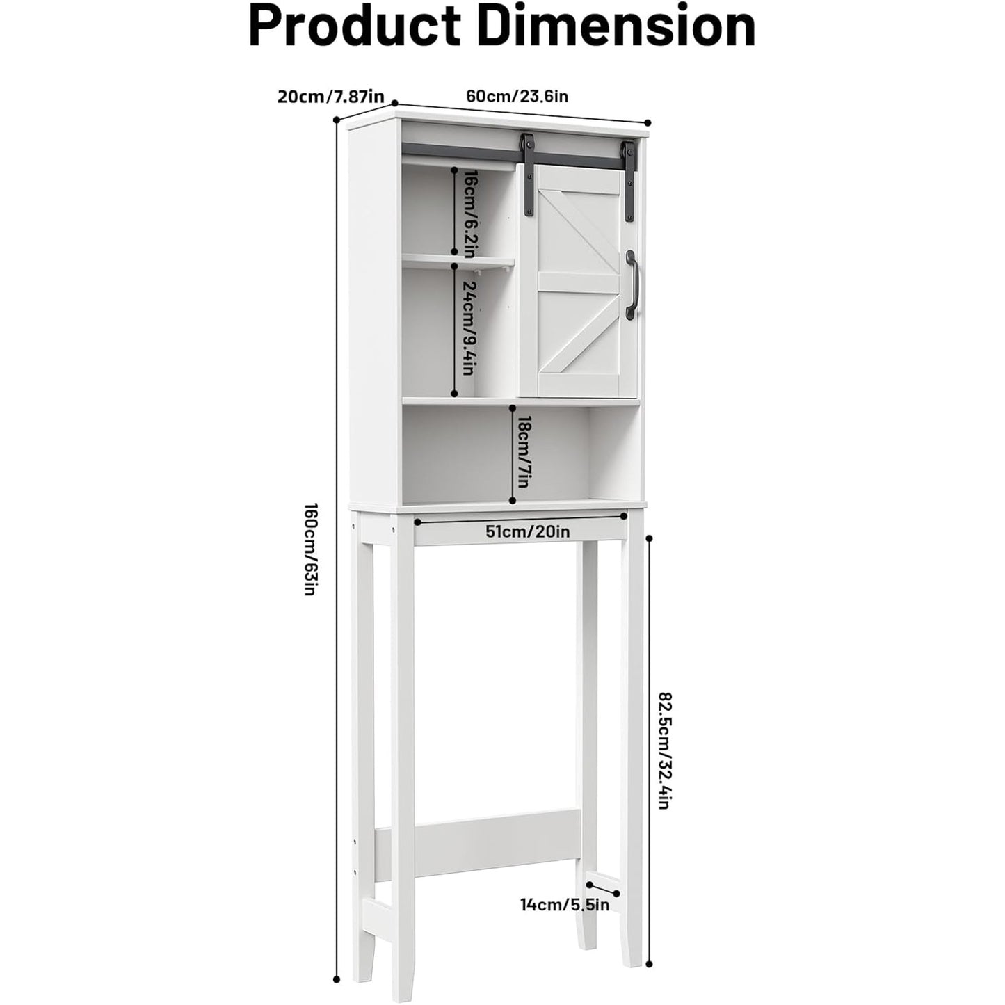Over the Toilet Storage Cabinet with Sliding Barn Door, Anti-Tipping Design, Waterproof, Adjustable Shelves for Bathroom/Laundry Room Organization
