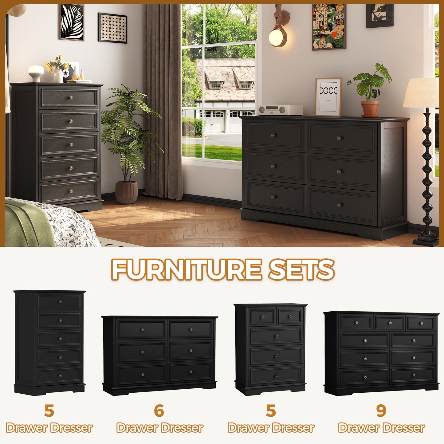 5 Drawer Dresser, Chest of Drawers for Bedroom, Modern Storage Cabinet Dresser Organizer Unit with Antique Bronze Round Handles for Living Room, Closet, Hallway, Entryway
