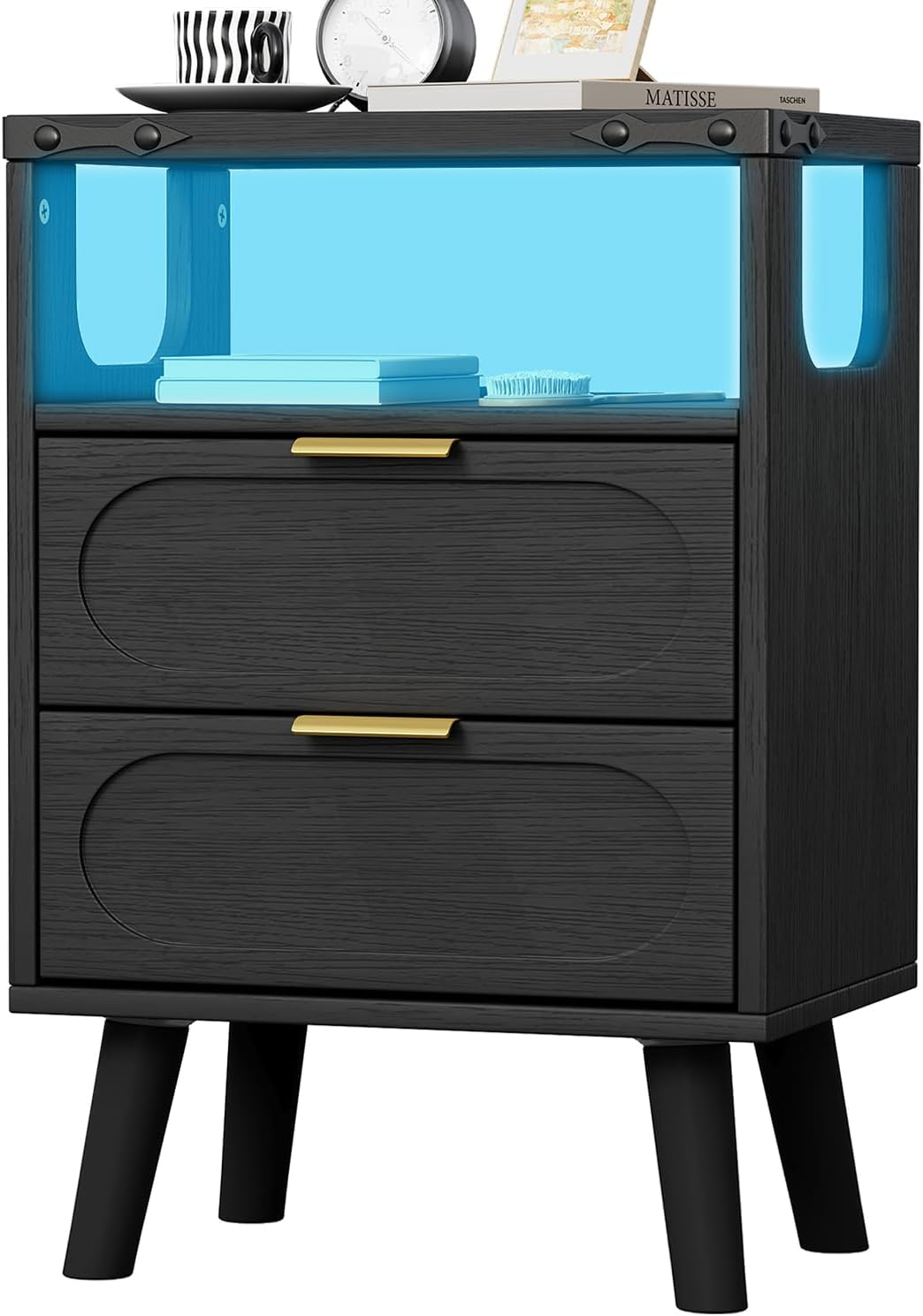 Smart LED Nightstand with Charging Station, Side Table with 2 Wooden Drawers, End Table with Open Shelf, Night Stand for Bedroom, Black