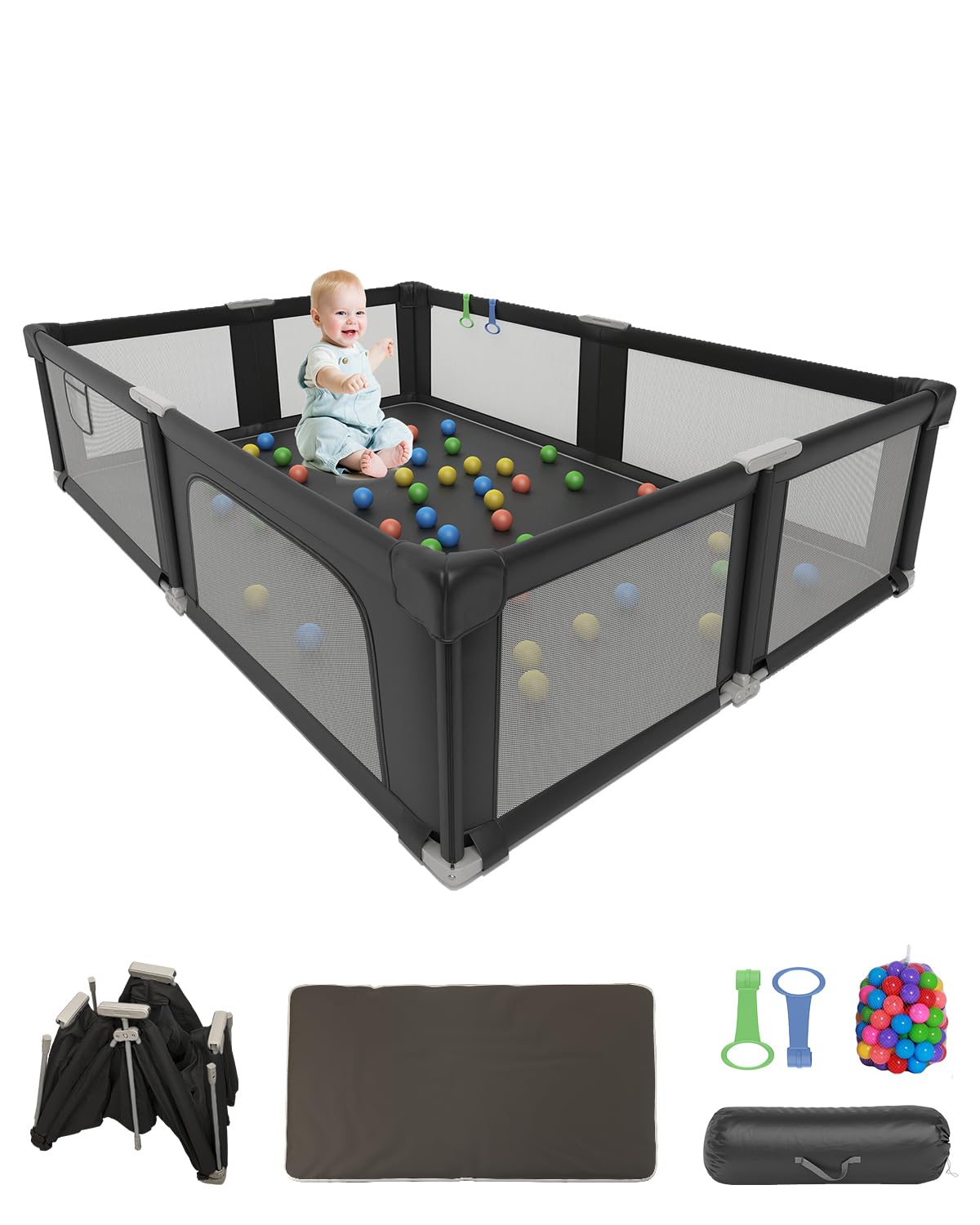 73" ×61" Large Baby Playpen, Baby Playard for Babies and Toddlers, Baby Fence Play Pens for Indoor & Outdoor, Sturdy Safety Play Yard with Soft Breathable Mesh and Carry Bag, Anti-Fall, Black