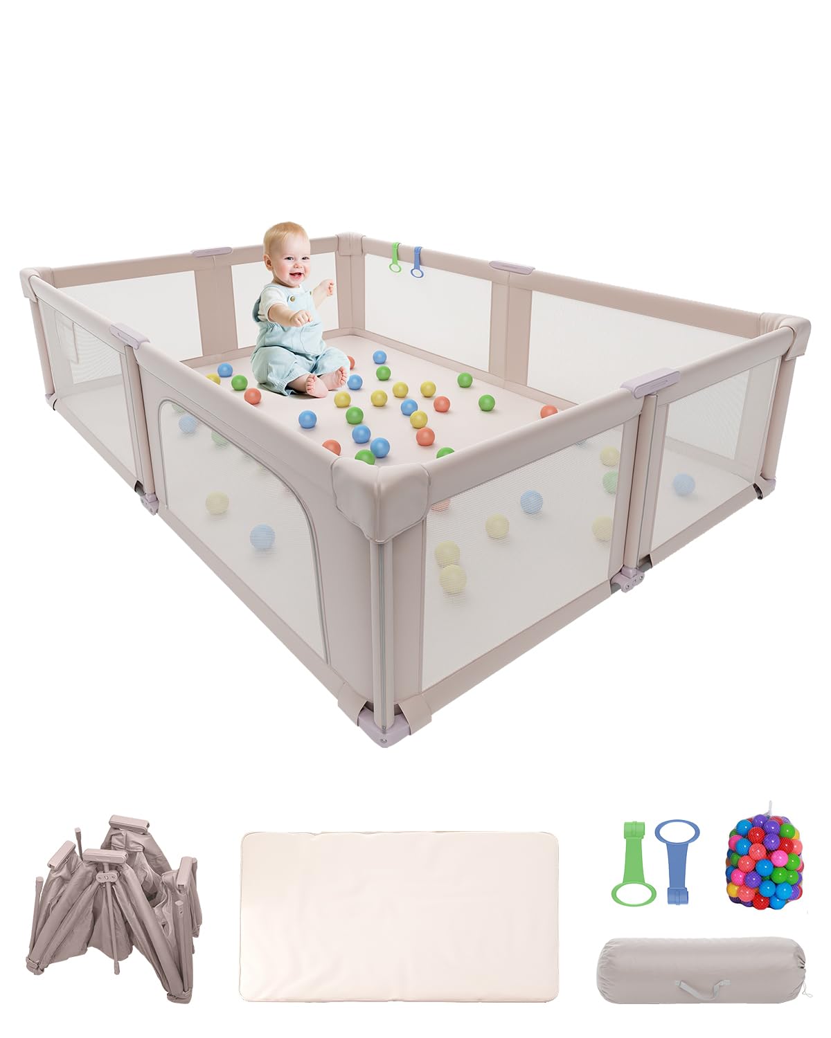 73" ×61" Large Baby Playpen, Baby Playard for Babies and Toddlers, Baby Fence Play Pens for Indoor & Outdoor, Sturdy Safety Play Yard with Soft Breathable Mesh and Carry Bag, Anti-Fall, Pink