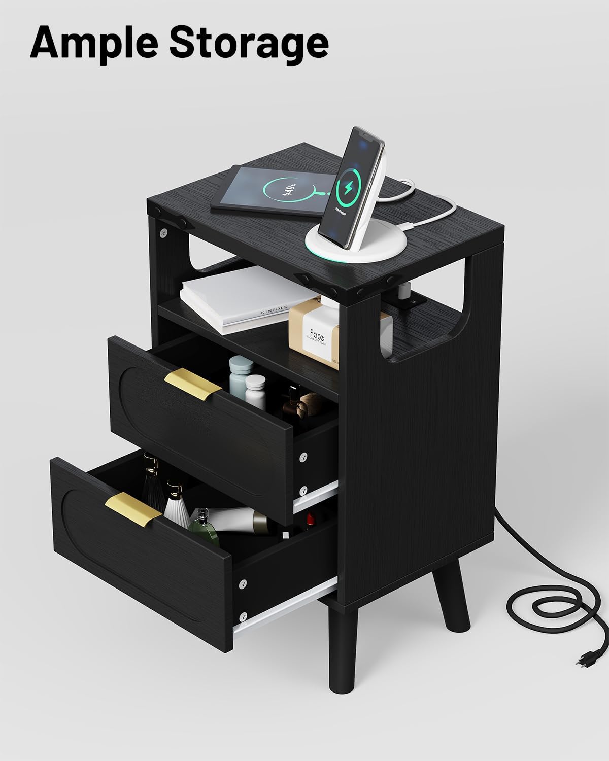 Smart LED Nightstand Set of 2 with Charging Station - Black Bedside Tables with Wooden Drawer and Open Shelf, for Living Room/Bedroom