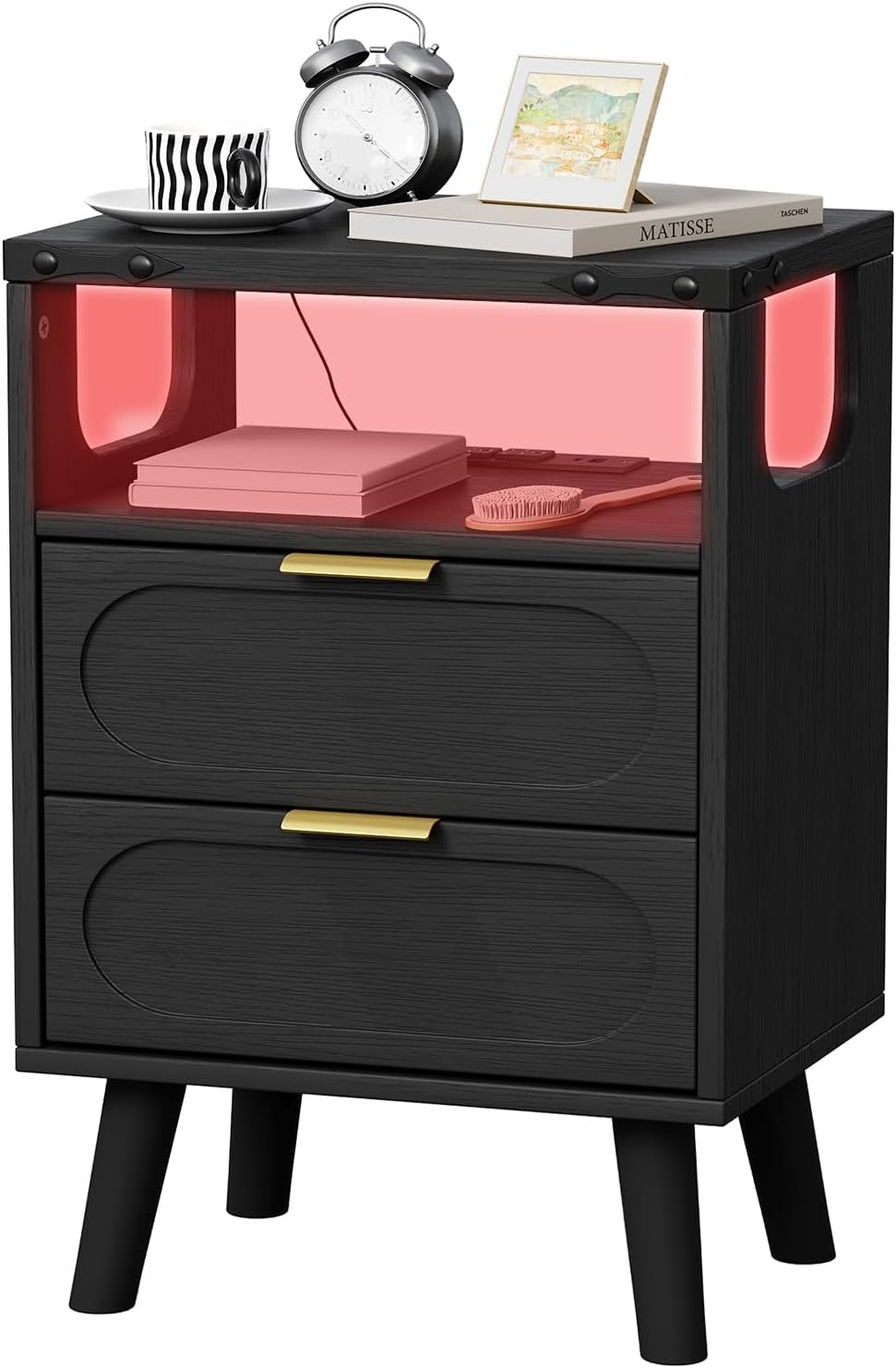 Smart LED Nightstand with Charging Station, Side Table with 2 Wooden Drawers, End Table with Open Shelf, Night Stand for Bedroom, Black