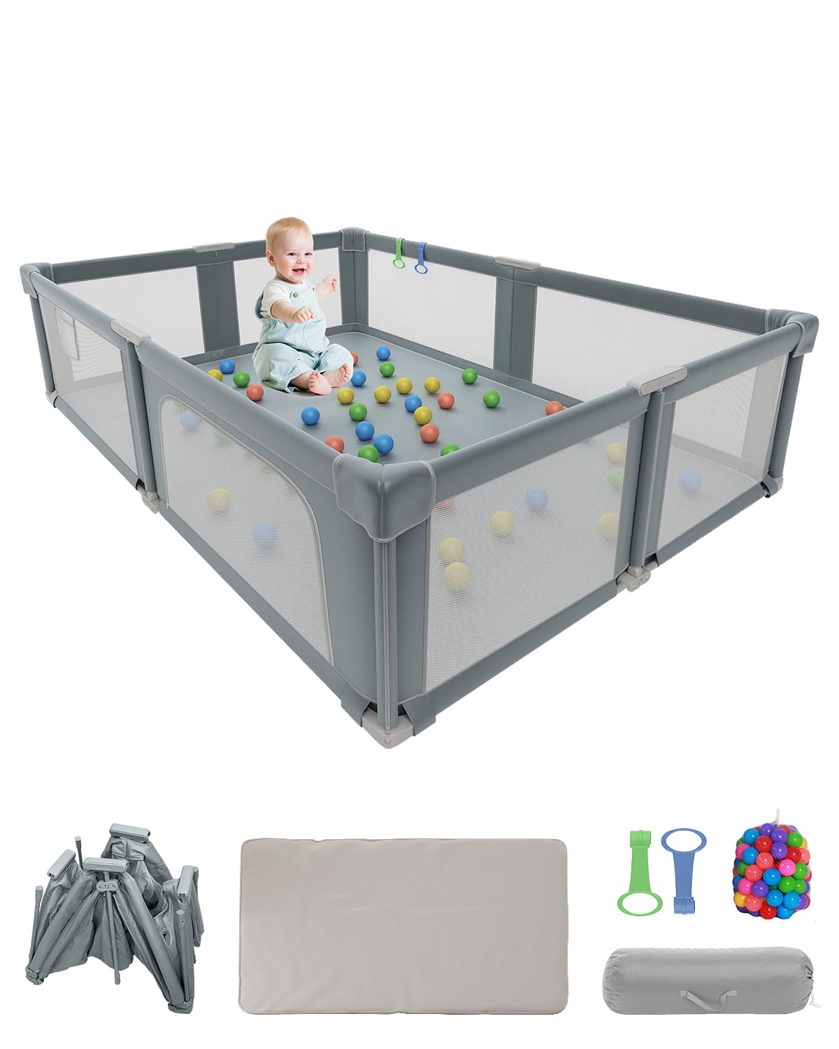 73" ×61" Large Baby Playpen, Baby Playard for Babies and Toddlers, Baby Fence Play Pens for Indoor & Outdoor, Sturdy Safety Play Yard with Soft Breathable Mesh and Carry Bag, Anti-Fall, Light Gray
