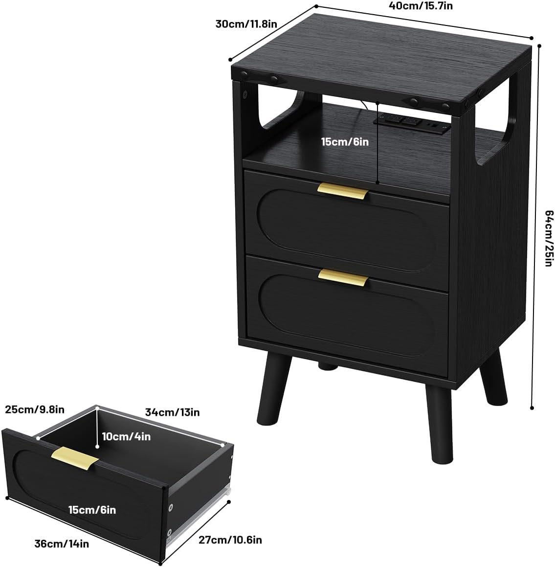 Smart LED Nightstand with Charging Station, Side Table with 2 Wooden Drawers, End Table with Open Shelf, Night Stand for Bedroom, Black