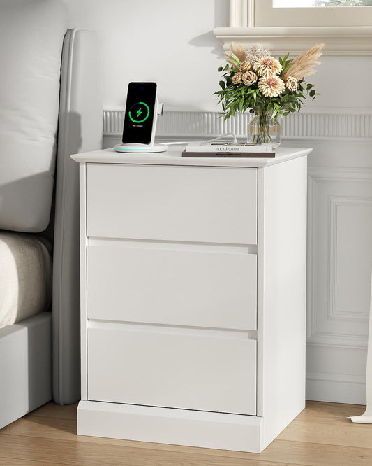 Nightstand with 3 Drawers, White Bedside Table Night Stand for Bedroom with Charging Station & Cut-Out Handle, Sofa Side Table Dresser for Bedroom(White)