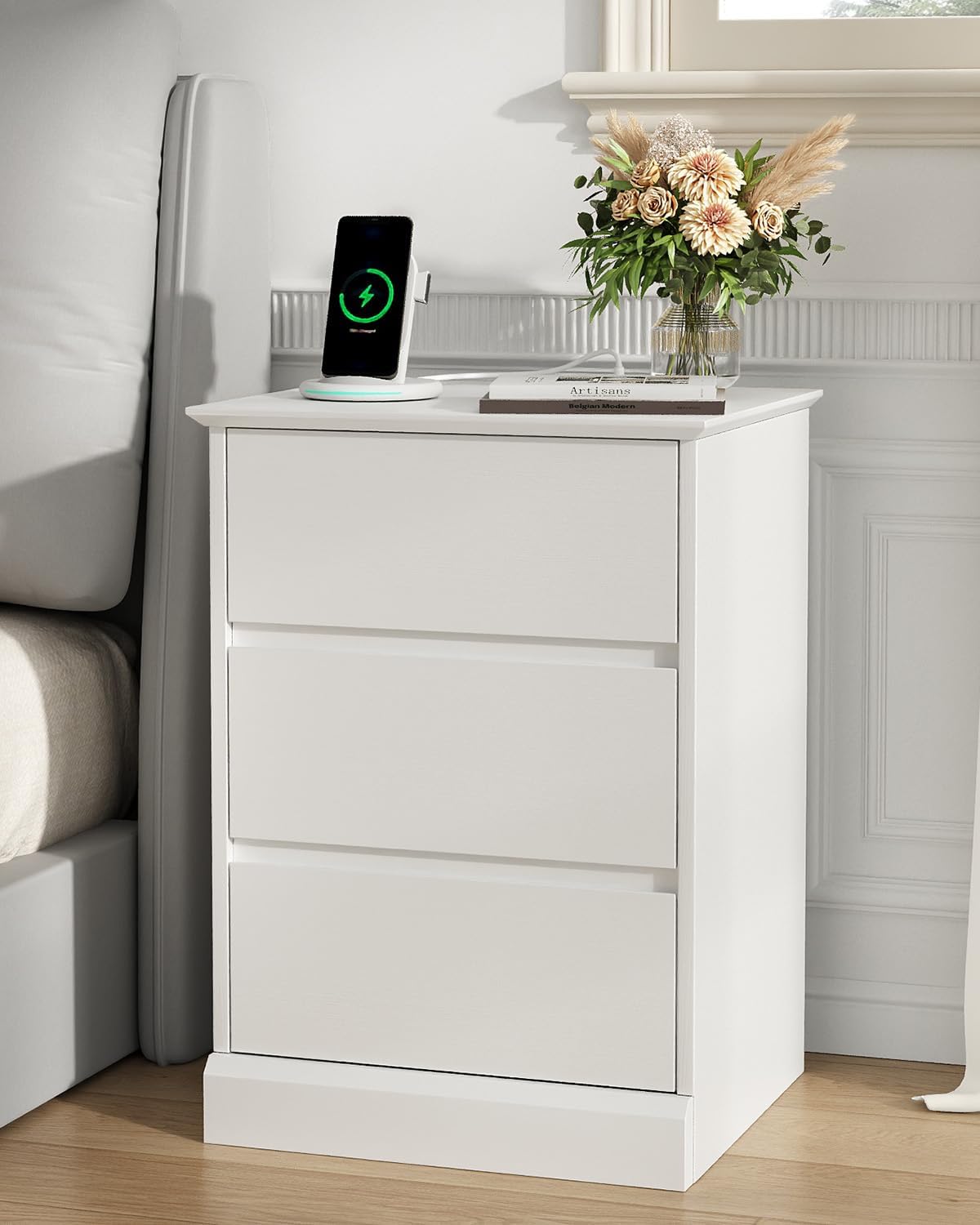 Nightstand Set of 2 White Nightstand with 3 Drawers, White Bedside Table Night Stand for Bedroom with Charging Station & Cut-Out Handle, Sofa Side Table for Bedroom