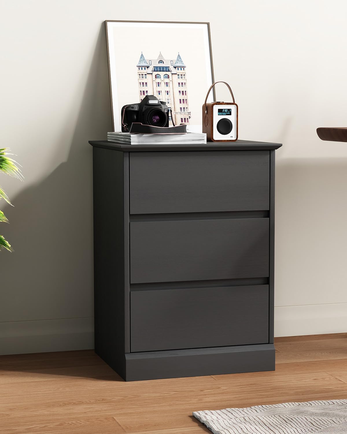 Nightstand Set of 2 Black Nightstand with 3 Drawers, Black Bedside Table Night Stand for Bedroom with Charging Station & Cut-Out Handle, Sofa Side Table for Bedroom