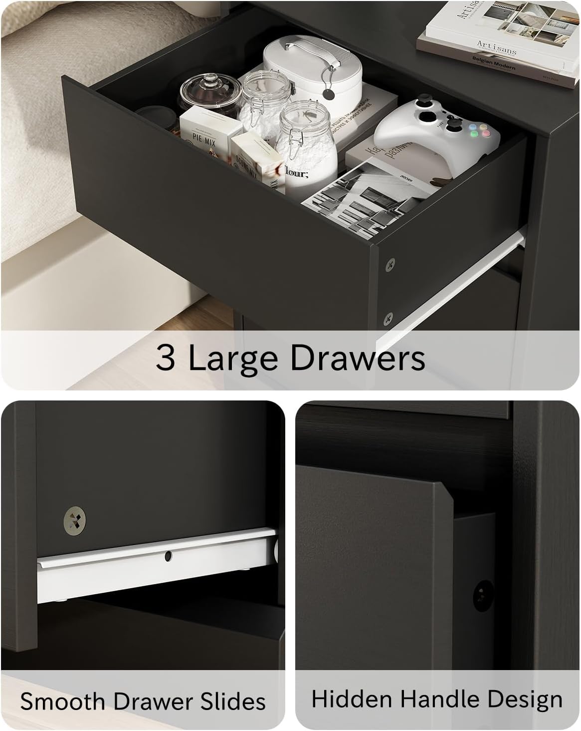 Nightstand with 3 Drawers, Black Bedside Table Night Stand for Bedroom with Charging Station & Cut-Out Handle, Sofa Side Table Dresser for Bedroom(Black)