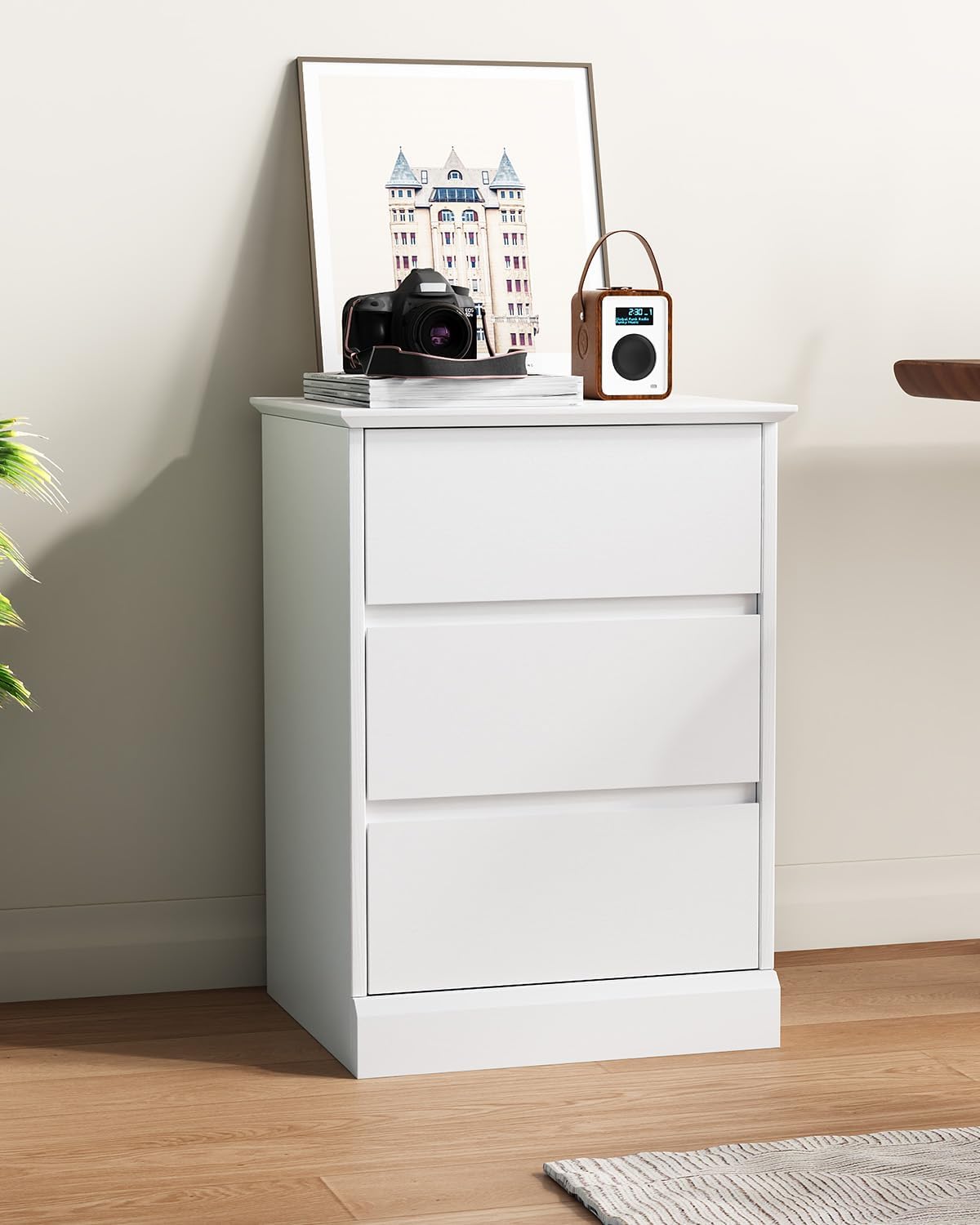 Nightstand Set of 2 White Nightstand with 3 Drawers, White Bedside Table Night Stand for Bedroom with Charging Station & Cut-Out Handle, Sofa Side Table for Bedroom