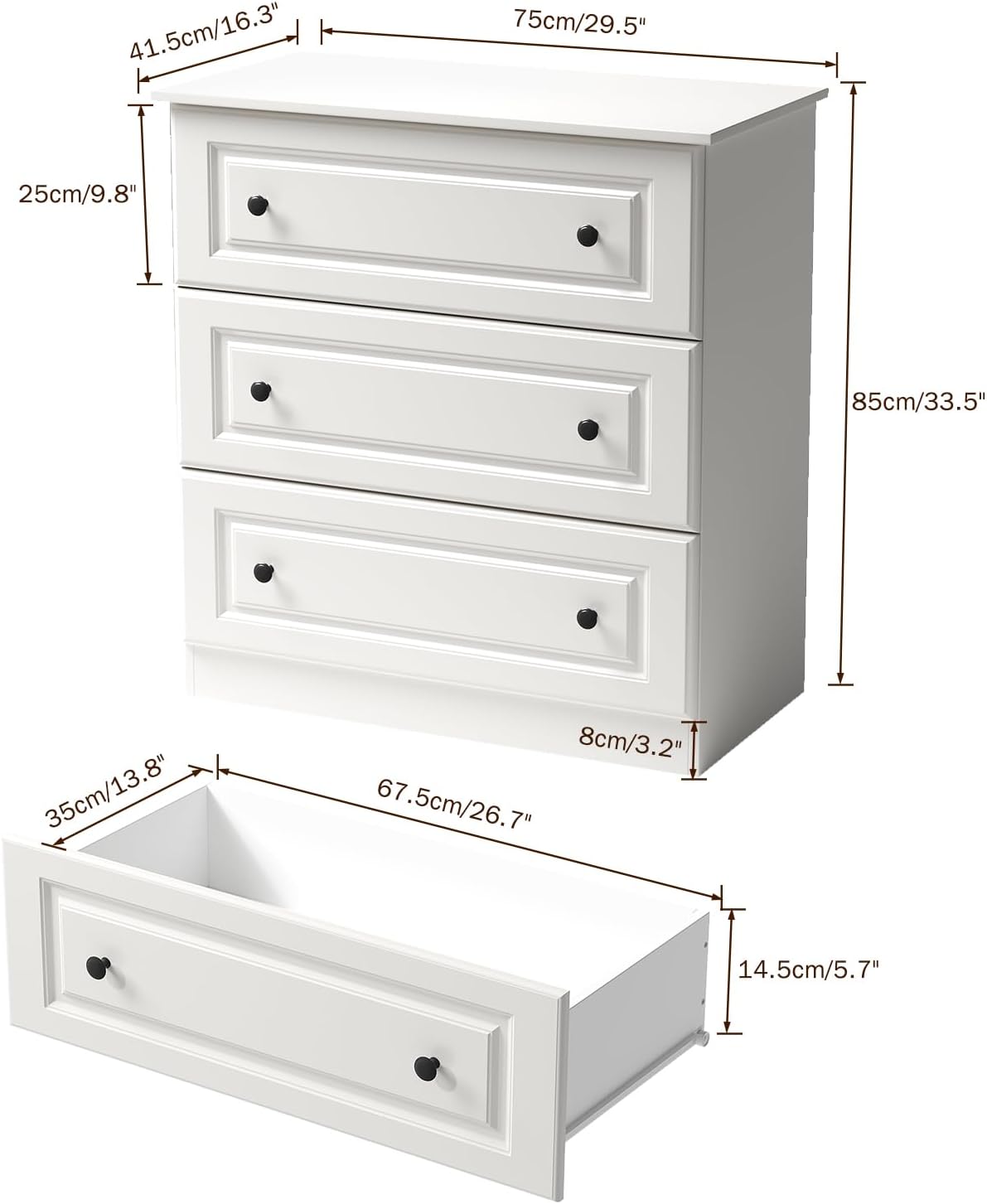 NEGYLIM White Dressers for Bedroom, Living Room, 3 Drawer Dresser with Large Storage Space, Smooth Drawers Easy to Assemble