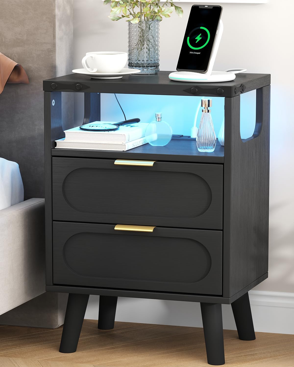 Smart LED Nightstand with Charging Station, Side Table with 2 Wooden Drawers, End Table with Open Shelf, Night Stand for Bedroom, Black