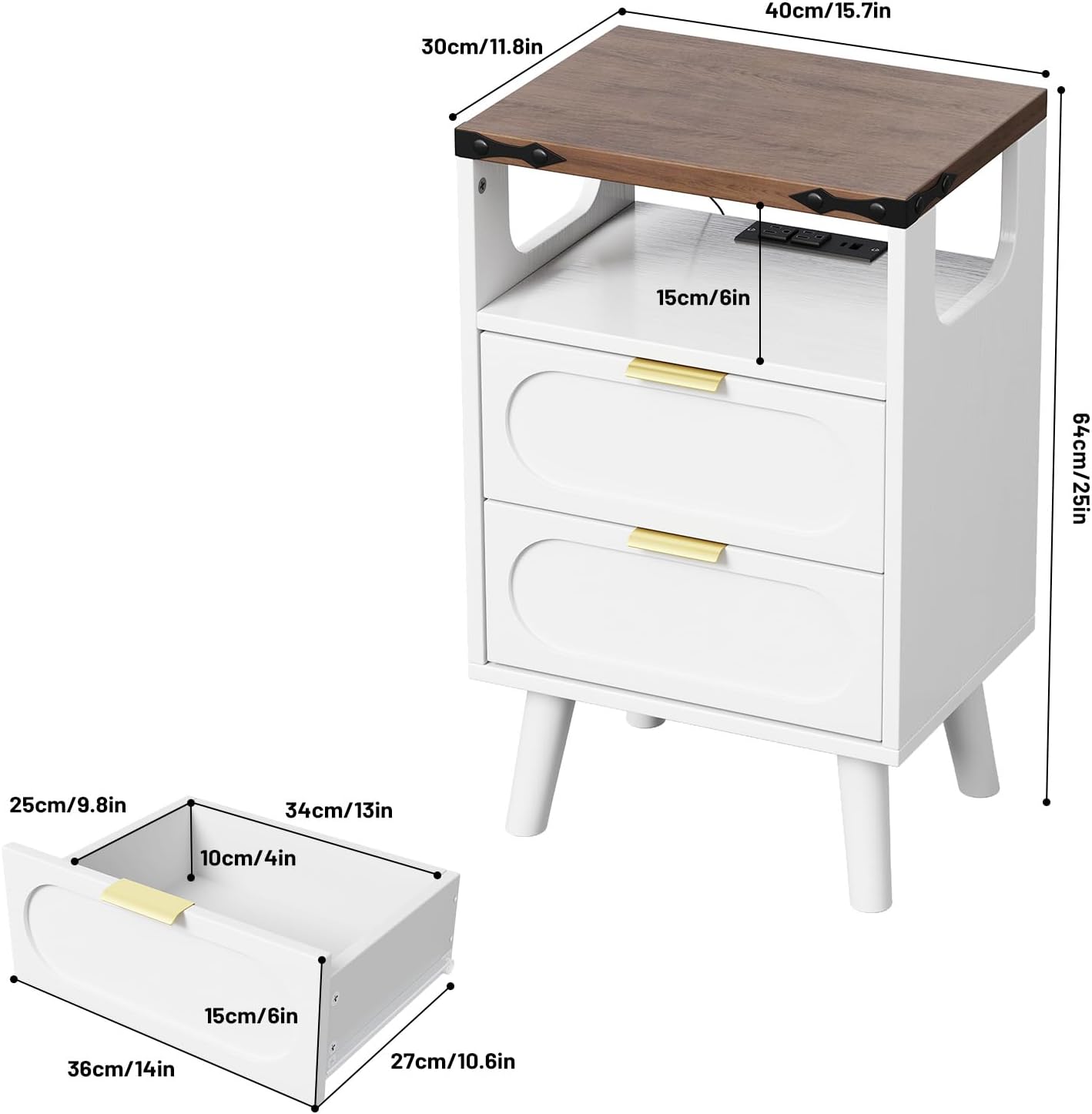 Smart LED Nightstand with Charging Station | 2 Wooden Drawers & Storage Shelf | USB Ports & Outlets, White (Set of 2)