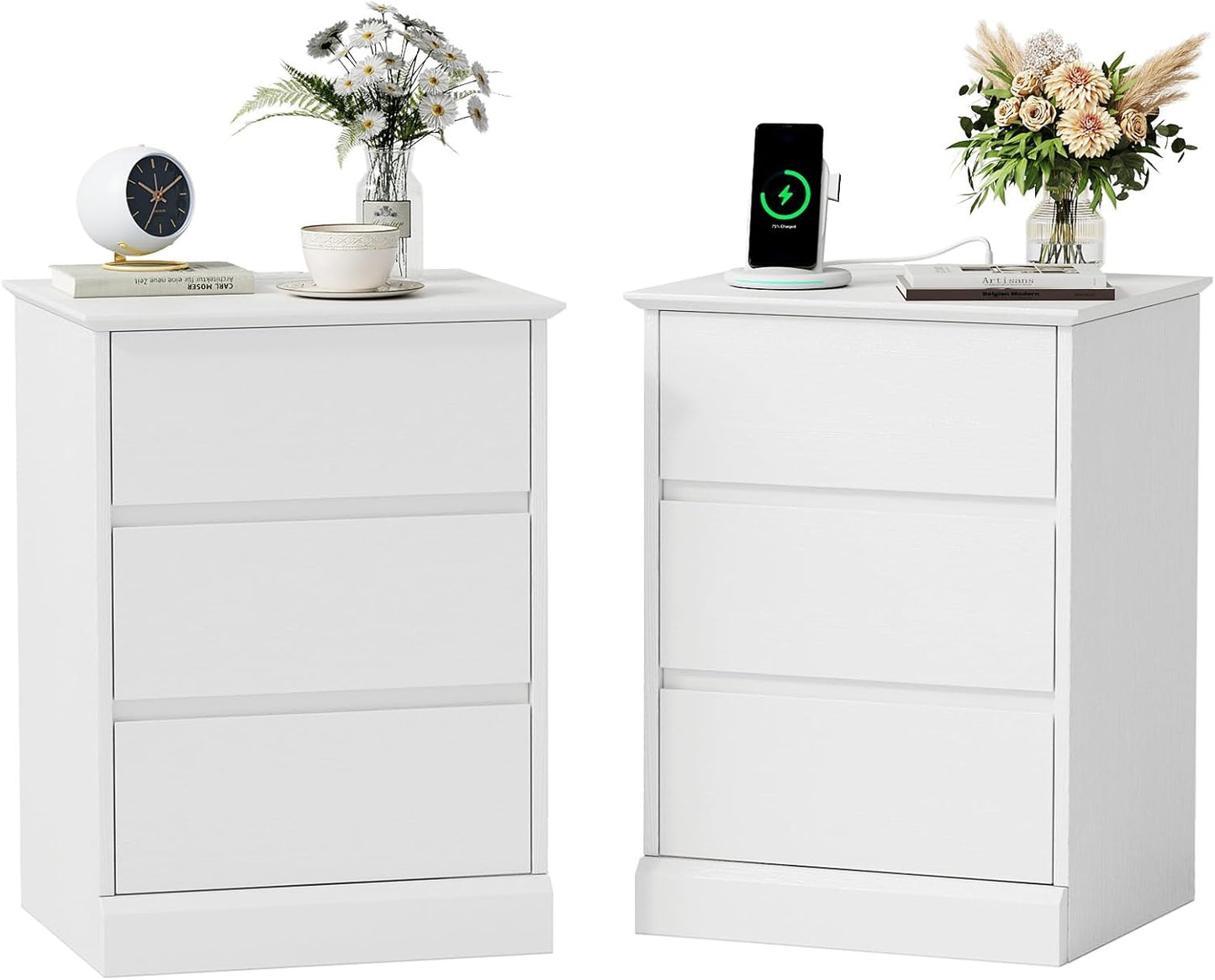 Nightstand with 3 Drawers, White Bedside Table Night Stand for Bedroom with Charging Station & Cut-Out Handle, Sofa Side Table Dresser for Bedroom(White)