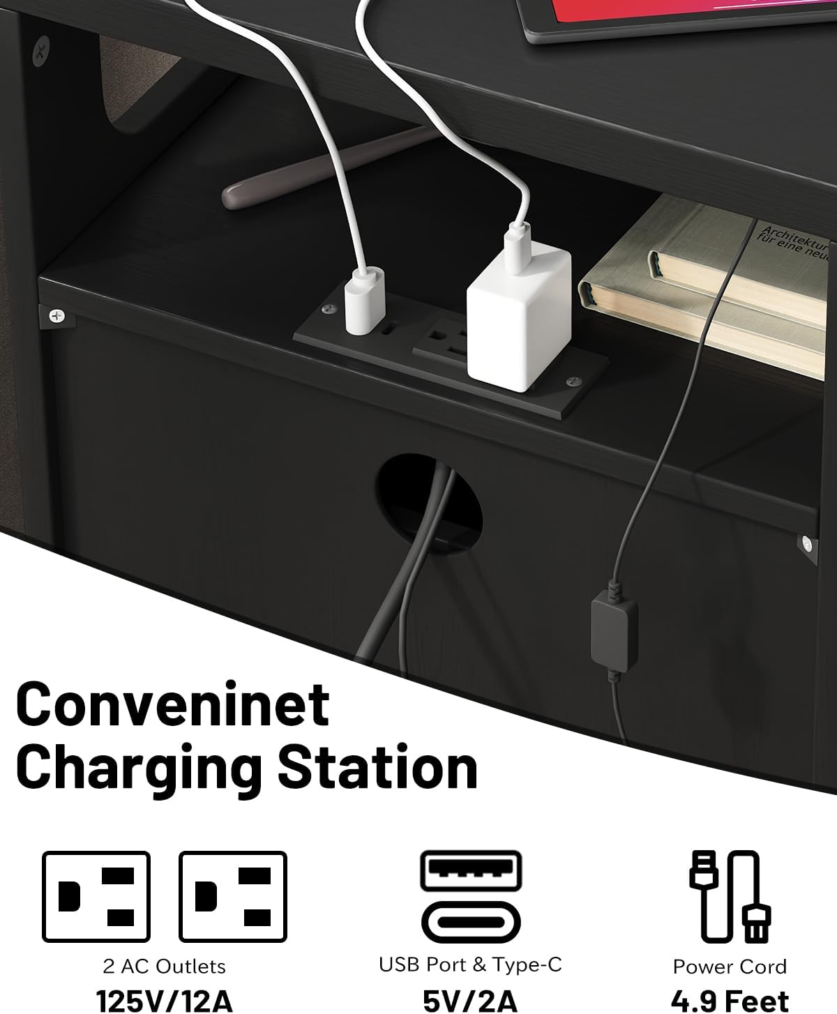 Smart LED Nightstand with Charging Station, Side Table with 2 Wooden Drawers, End Table with Open Shelf, Night Stand for Bedroom, Black