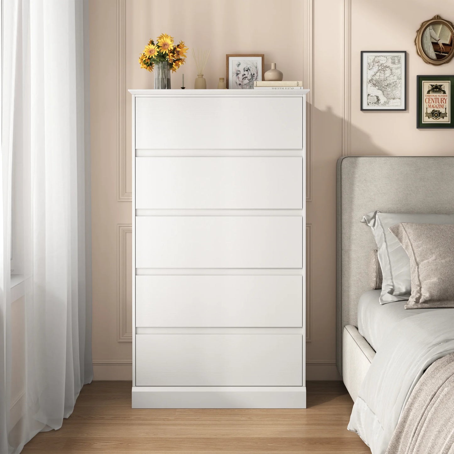 5 Drawer Dresser for Bedroom, 15.8" D x 27.6" W x 48.4" H in Simply Modern Chest of Drawers, Wood Storage Dresser with Deep Drawers for Living Room Hallway Entryway, White