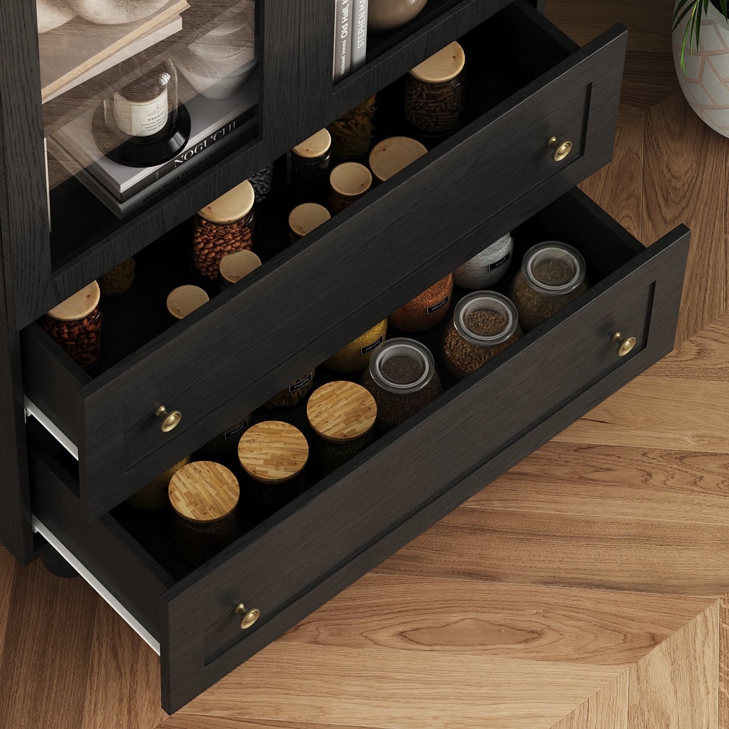 Arched Kitchen Pantry Cabinet & Display Cabinet with Glass Doors, 4 Shelves, 2 Drawers, Solid Wood Legs, 70.87 Inches in Height, Suitable for Kitchen, Bedroom and Living Room, for Easy Storage