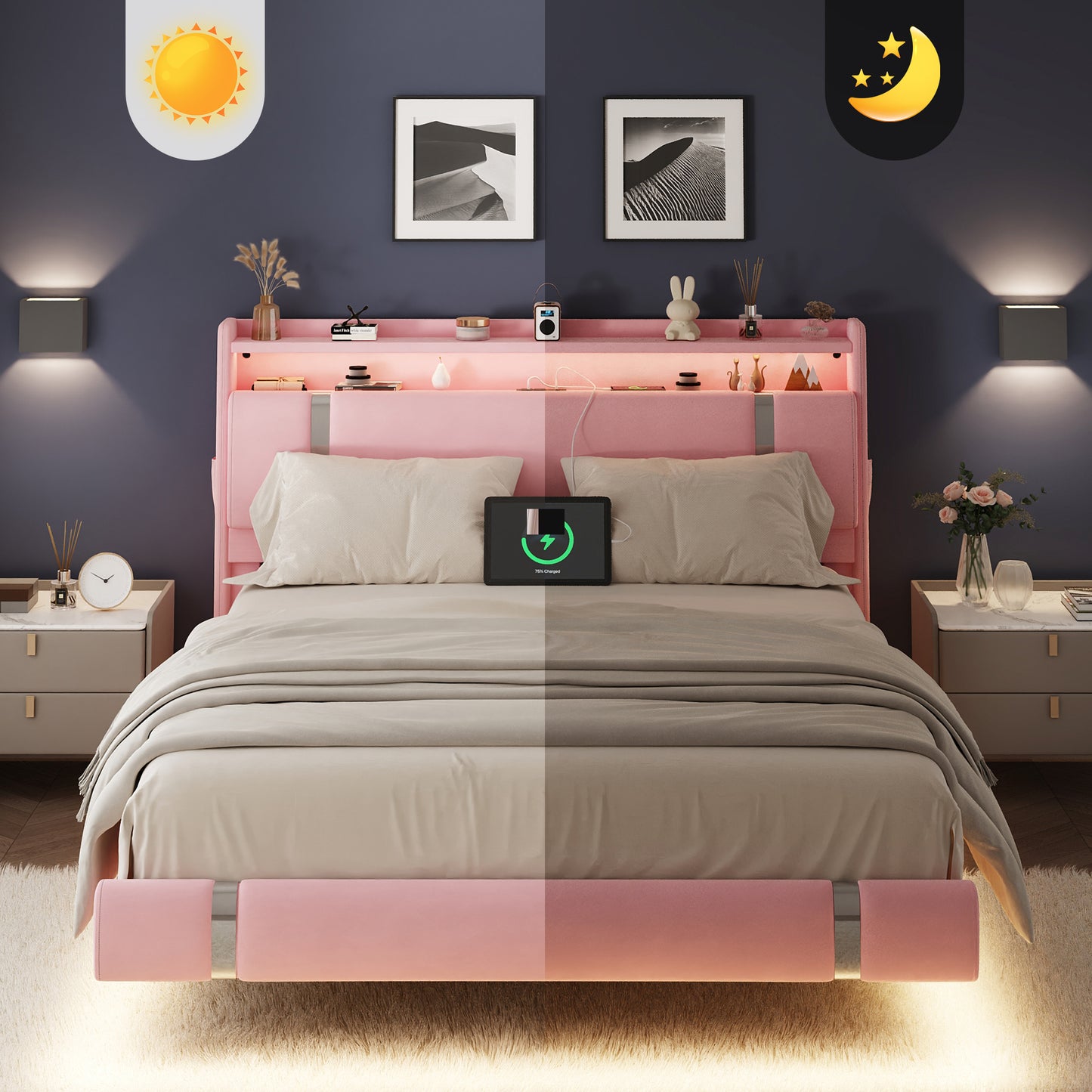 NEGYLIM Floating Bed Frame Queen Size with LED Lights, Easy to Assemble, Metal Platform Bed with Storage Headboard, No Box Spring Needed, Pink
