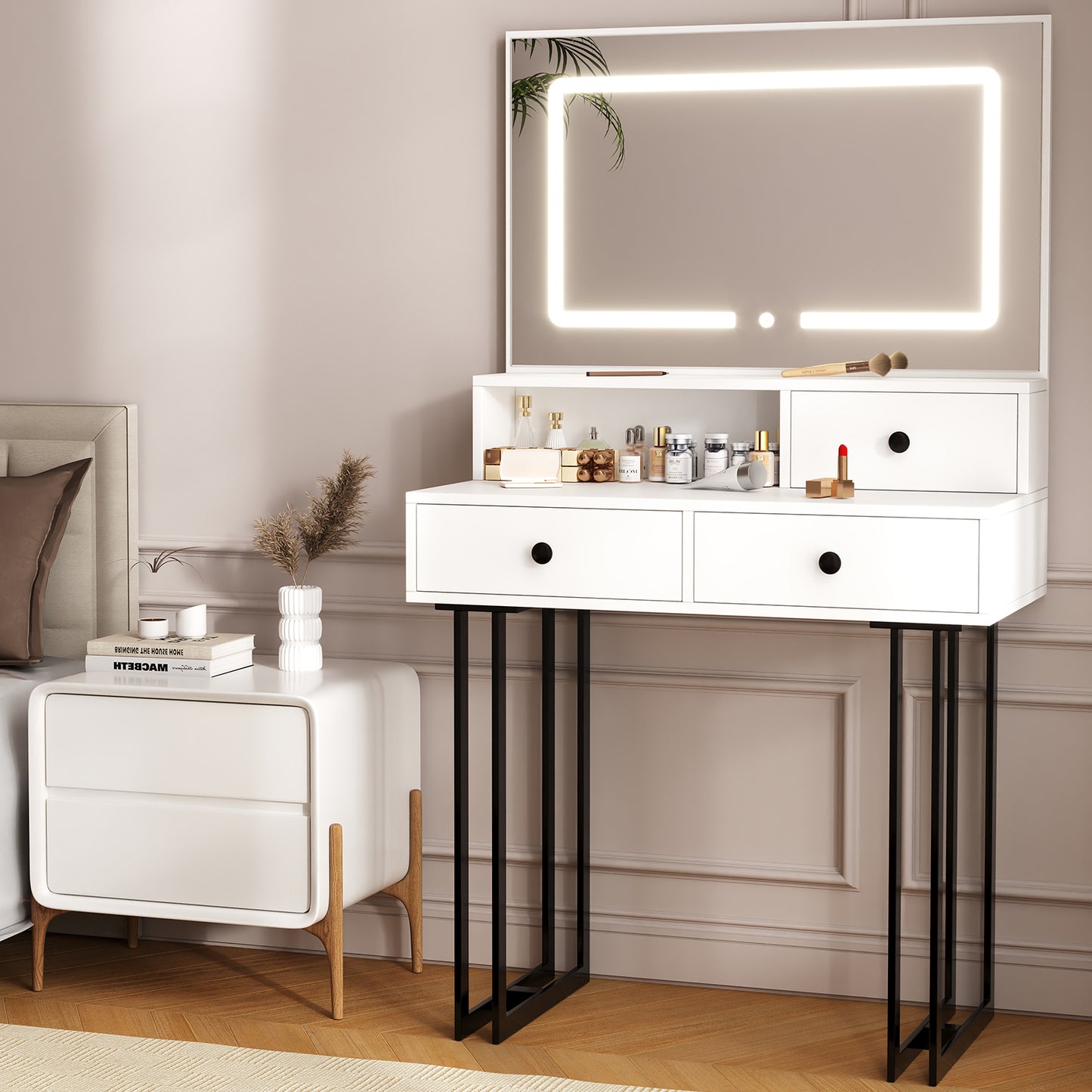 NEGYLIM Vanity with LED Lights and Mirror, White Makeup Vanity Desk with Drawers Dressing Tables Dresser Desk 3 Lighting Color Adjustable