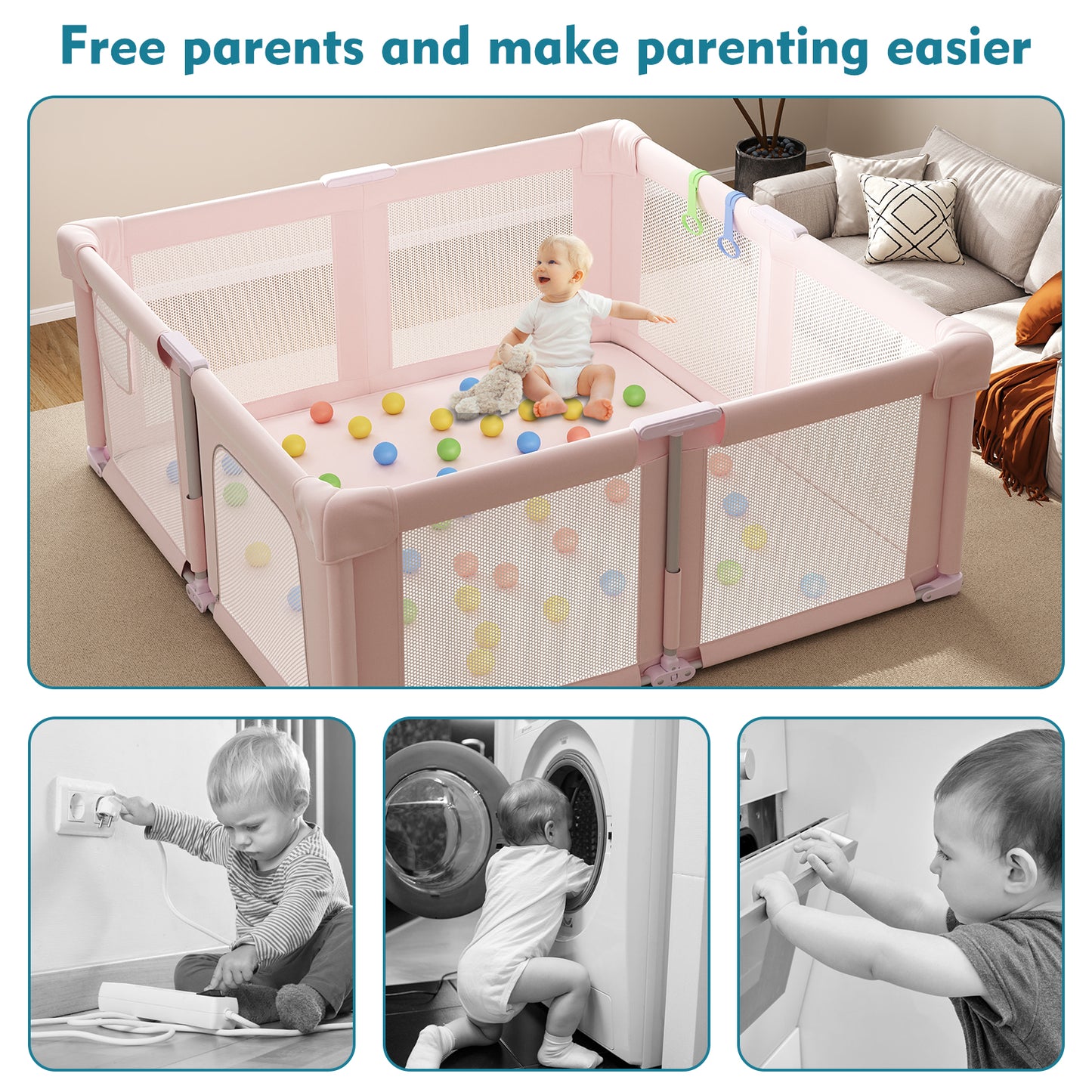 Baby Playpen 51" x 51", Play Pens for Babies and Toddlers Baby Fence Play Yards for Indoor & Outdoor with Breathable Mesh Anti-Fall Playpen, Pink