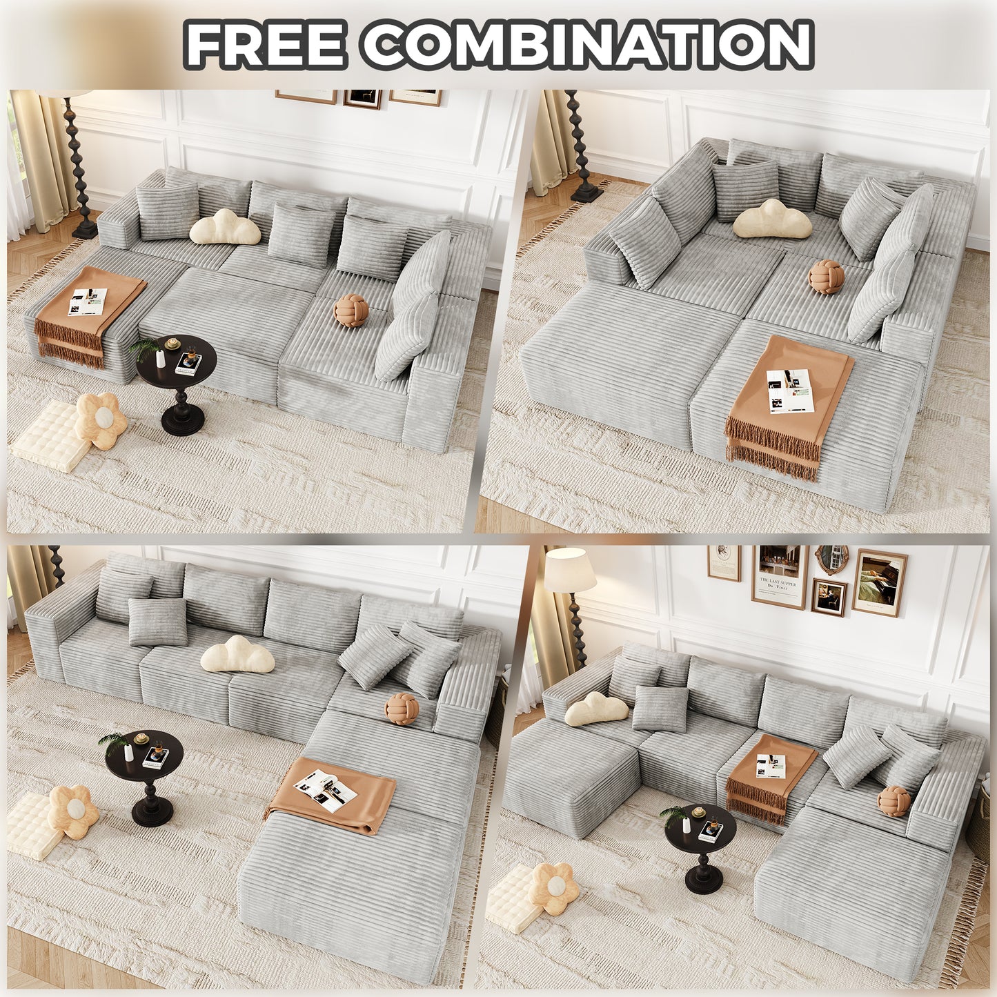 137 inch U-Shaped Sectional Sofa, Cloud-Like Big Modular Couch with Chaise, No Assembly Required, High Density Foam Never Sags, Soft Corduroy Fabric Sofa for Large Space, (White)