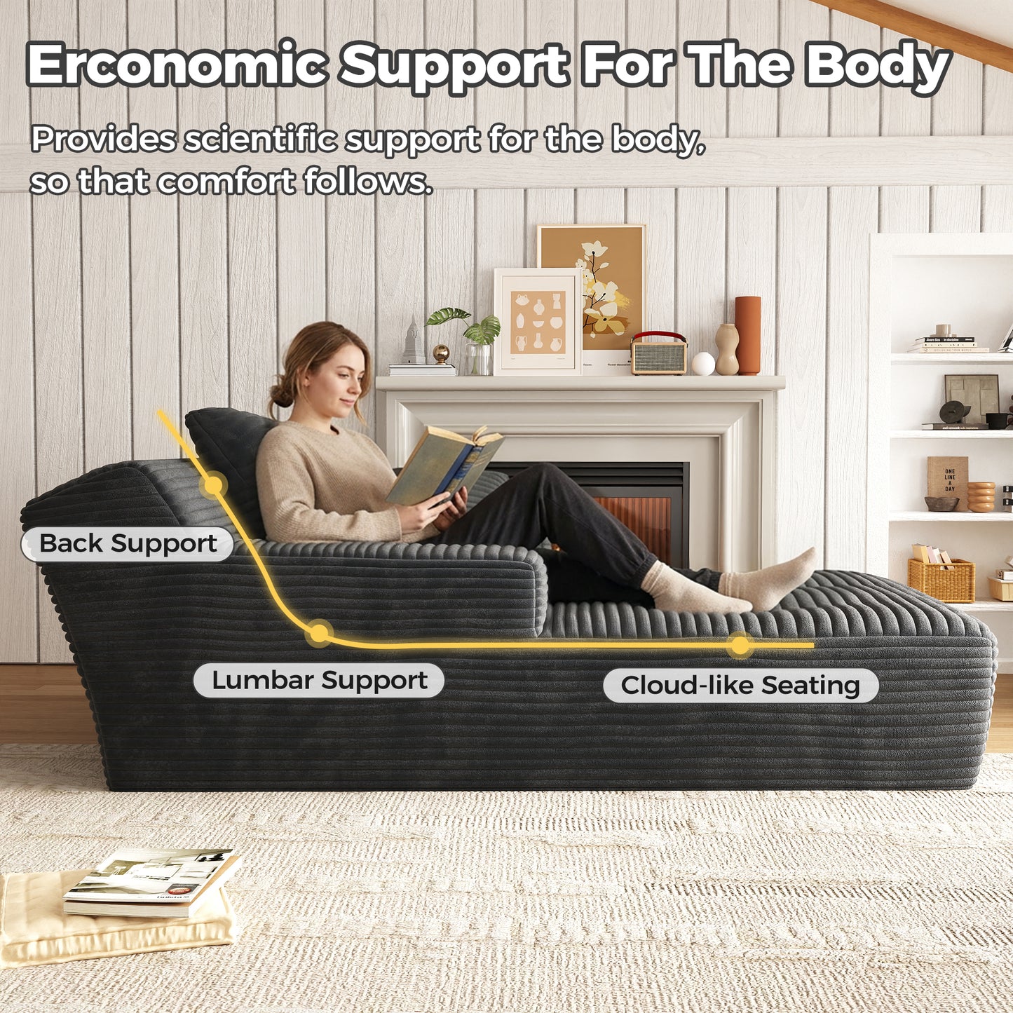 67'' Oversized Chaise Lounge Chair, Cloud Plush Corduroy Sofa Bed for Living Room, Modern Deep Seat Sleeper Couch with Back Cushion, No Assembly Required, (Deep Black)