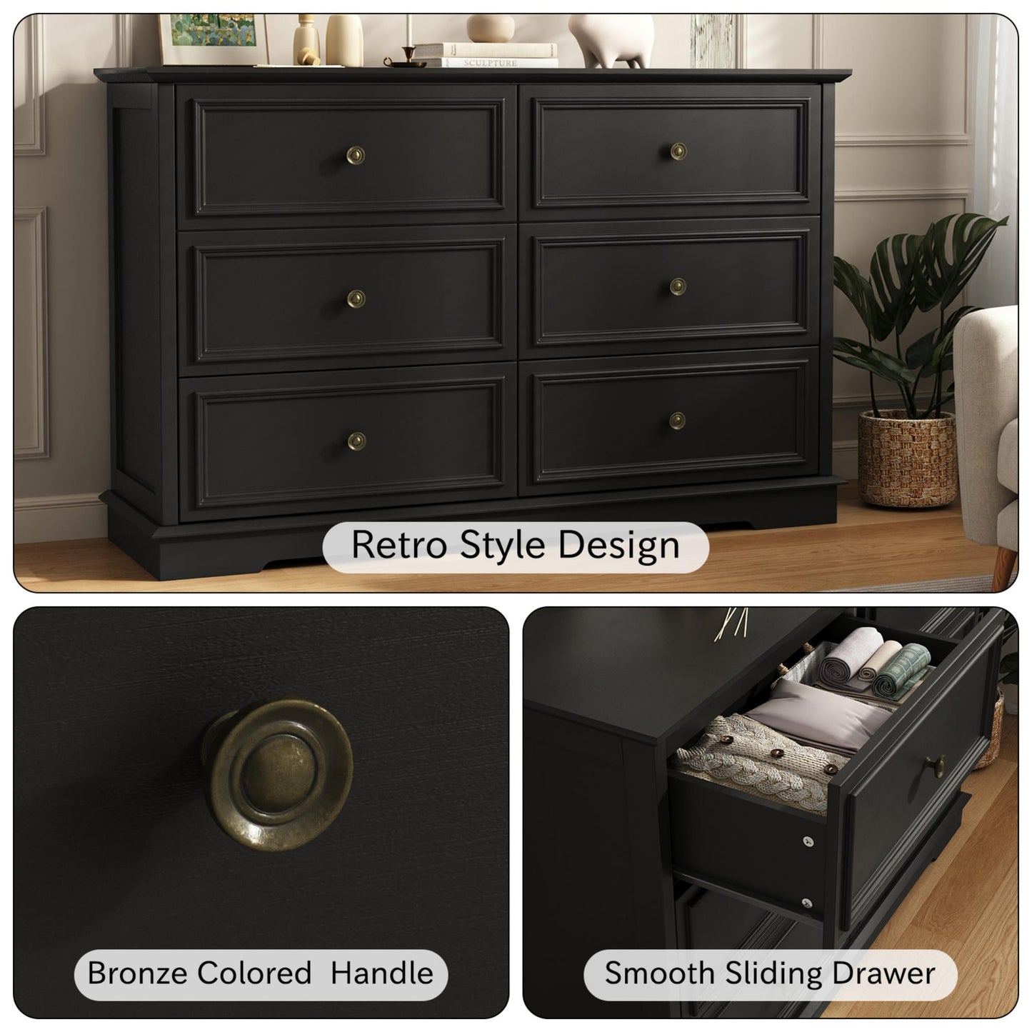 NEGYLIM 6 Drawer Dresser, Chest of Drawers for Bedroom, Modern Storage Cabinet Dresser Organizer Unit with Antique Bronze Round Handles for Living Room, Closet, Hallway, Entryway