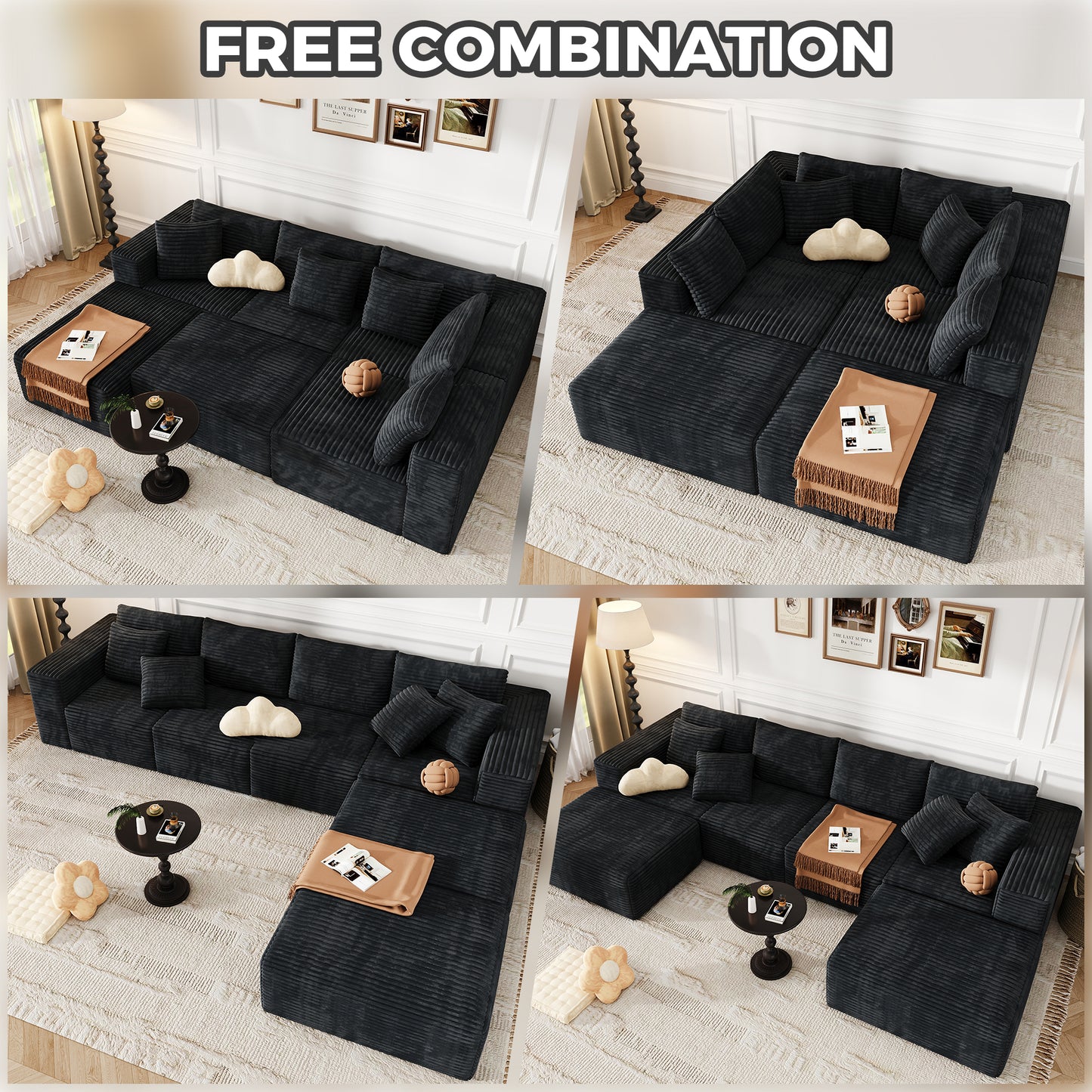 137 inch U-Shaped Sectional Sofa, Cloud-Like Big Modular Couch with Chaise, No Assembly Required, High Density Foam Never Sags, Soft Corduroy Fabric Sofa for Large Space, (Black)