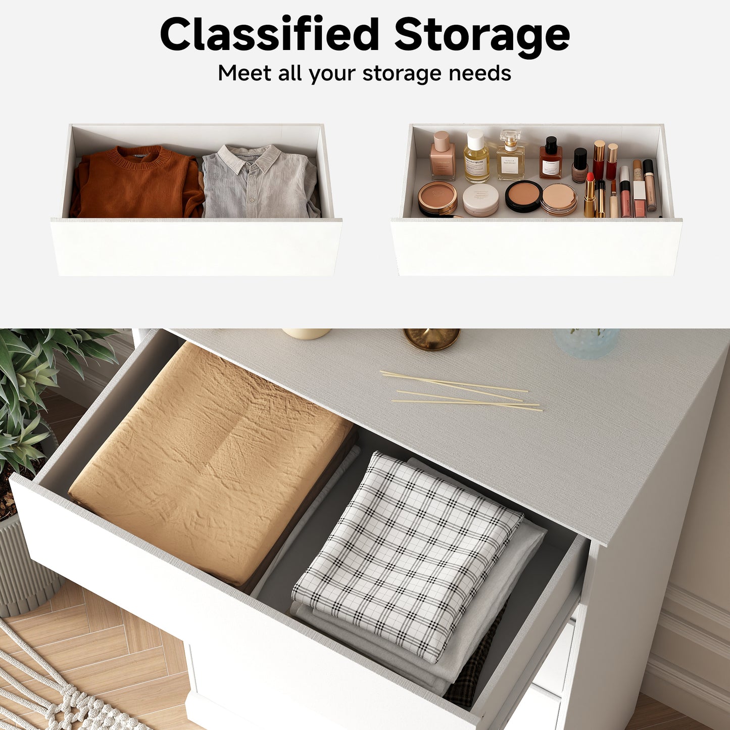 5 Drawer Dresser for Bedroom, 15.8" D x 27.6" W x 48.4" H in Simply Modern Chest of Drawers, Wood Storage Dresser with Deep Drawers for Living Room Hallway Entryway, White