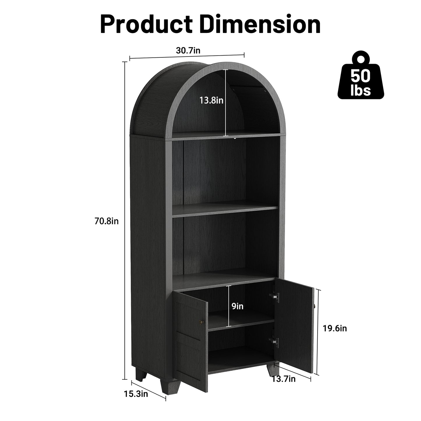 70'' Tall Arched Cabinet, Arched Kitchen Pantry Cabinet with 2 Doors and 5shelves, Open Storage Cabinets Display Bookcase, Versatile Cupboard for Living Room(Black)