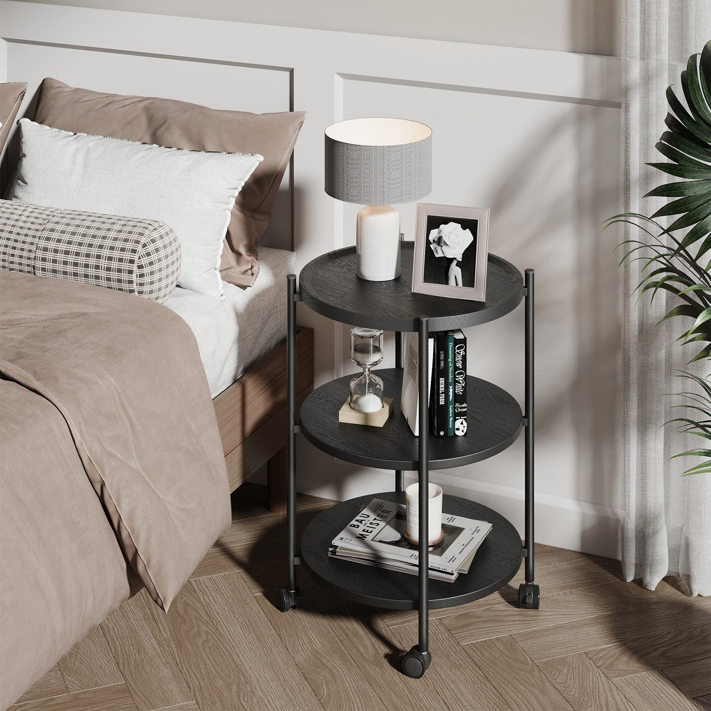 NEGYLIM End Side Table，Round Sofa Table with Metal Frame, 3-Tier Coffee Table Nightstand for Bedroom, Living Room, Nursery