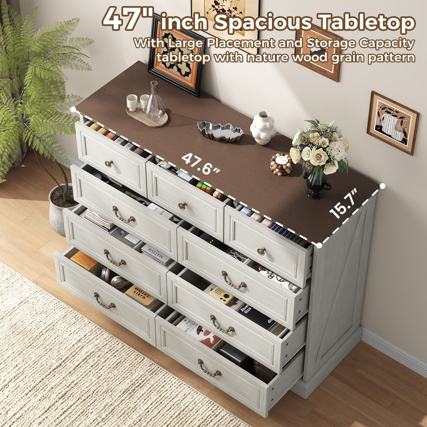 NEGYLIM 9 Drawers Dresser for Bedroom Dressers & Chest of Drawers with Vintage Handles,Long White Dresser for Living Room,Hallway,Study(Rustic White)