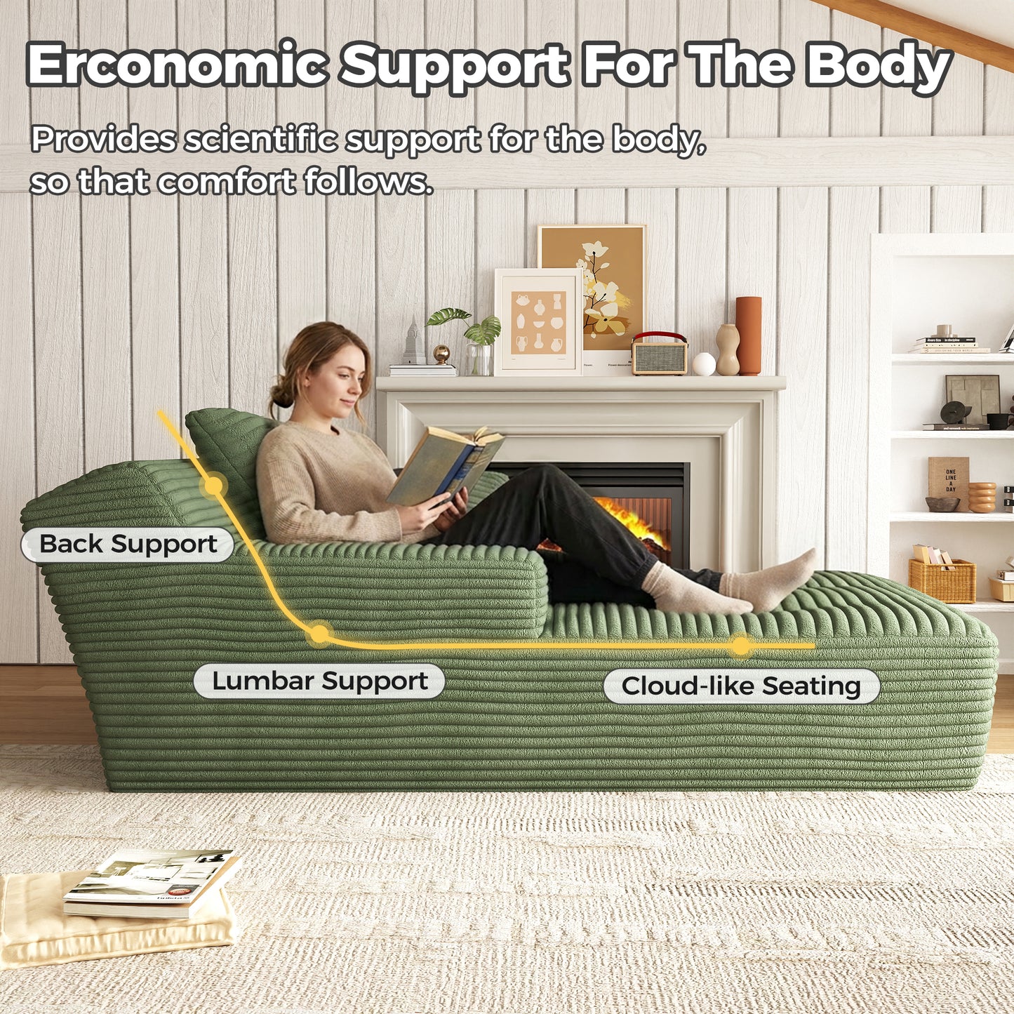 67'' Oversized Chaise Lounge Chair, Cloud Plush Corduroy Sofa Bed for Living Room, Modern Deep Seat Sleeper Couch with Back Cushion, No Assembly Required, (Sage Green)