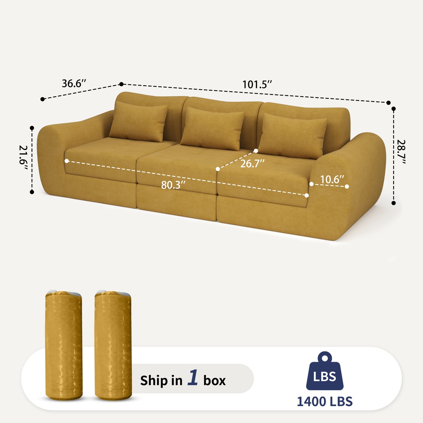 NEGYLIM 102" Modular Sectional Sofa, Chenille Cloud Sofa with Throw Pillows, Oversized Deep Seat Couch, Pet Friendly, No Assembly Required, Mustard Yellow